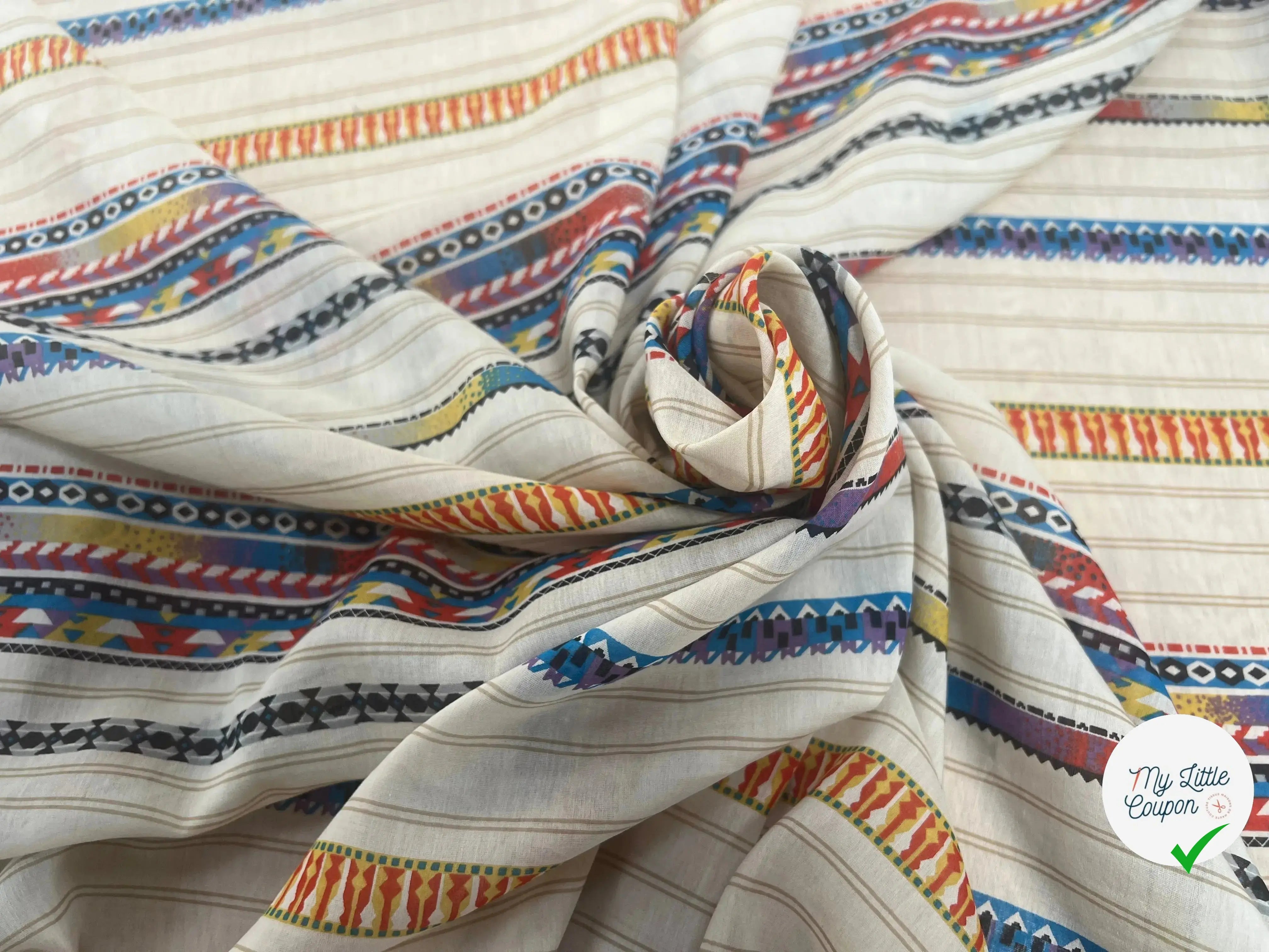 VOILE DE COTON SOIE FOND BEIGE MOTIFS HIPPIE - My Little Coupon