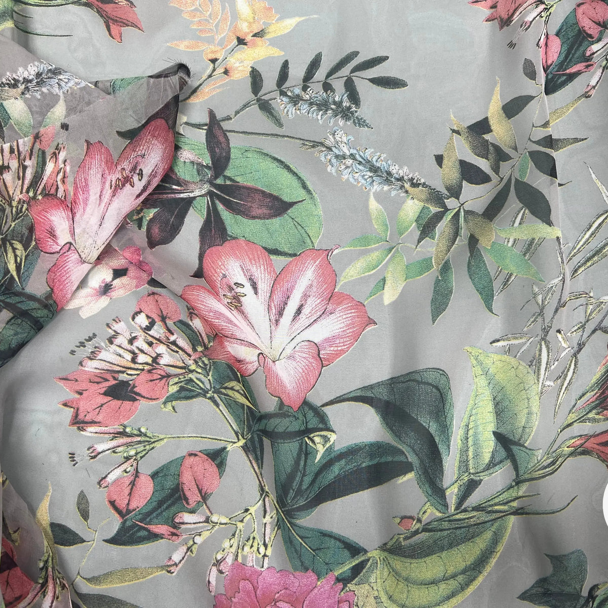 VOILE SOIE VISCOSE FOND GRIS FLEURS ORANGES - My Little Coupon