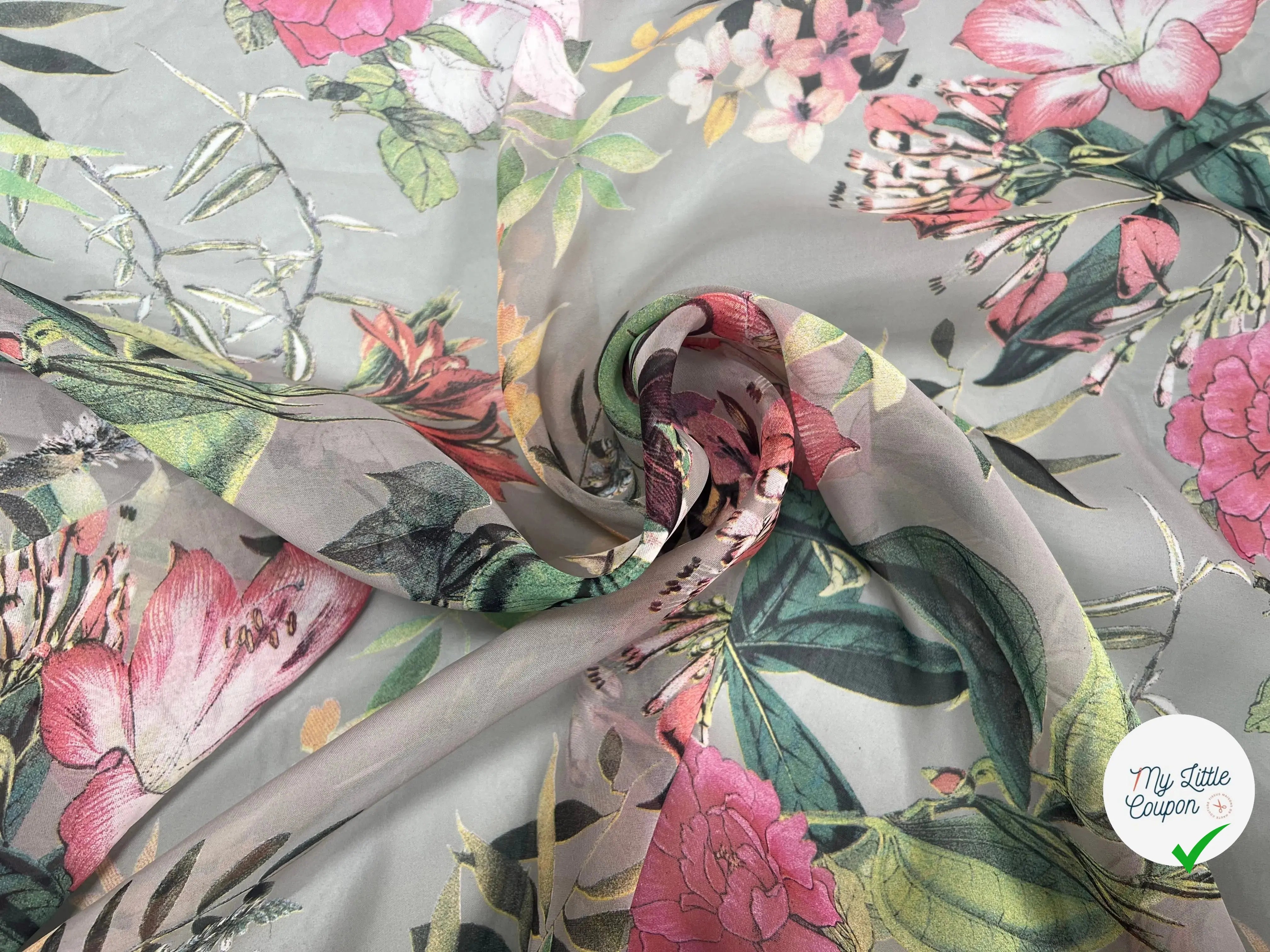 VOILE SOIE VISCOSE FOND GRIS FLEURS ORANGES - My Little Coupon
