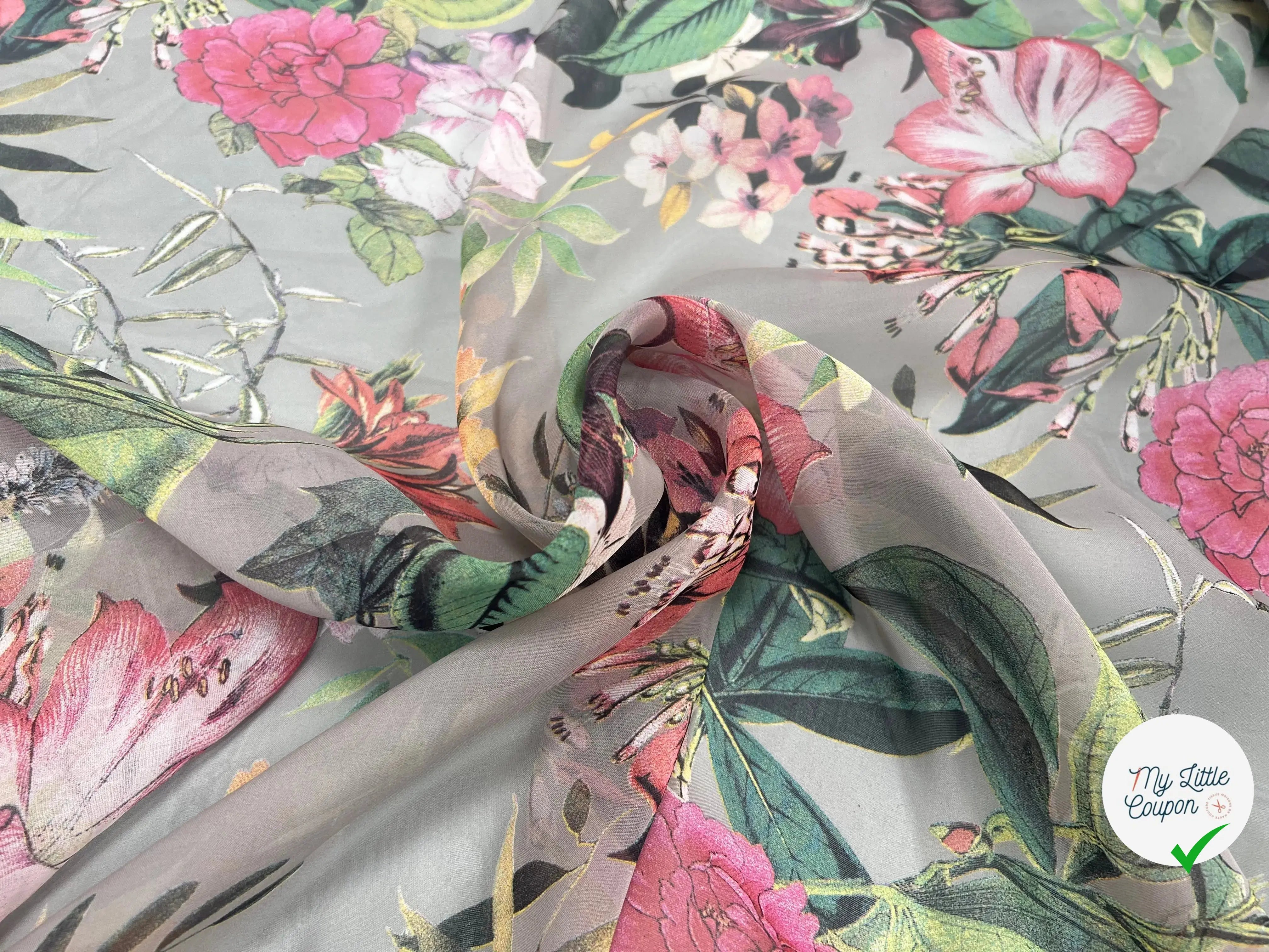 VOILE SOIE VISCOSE FOND GRIS FLEURS ORANGES - My Little Coupon