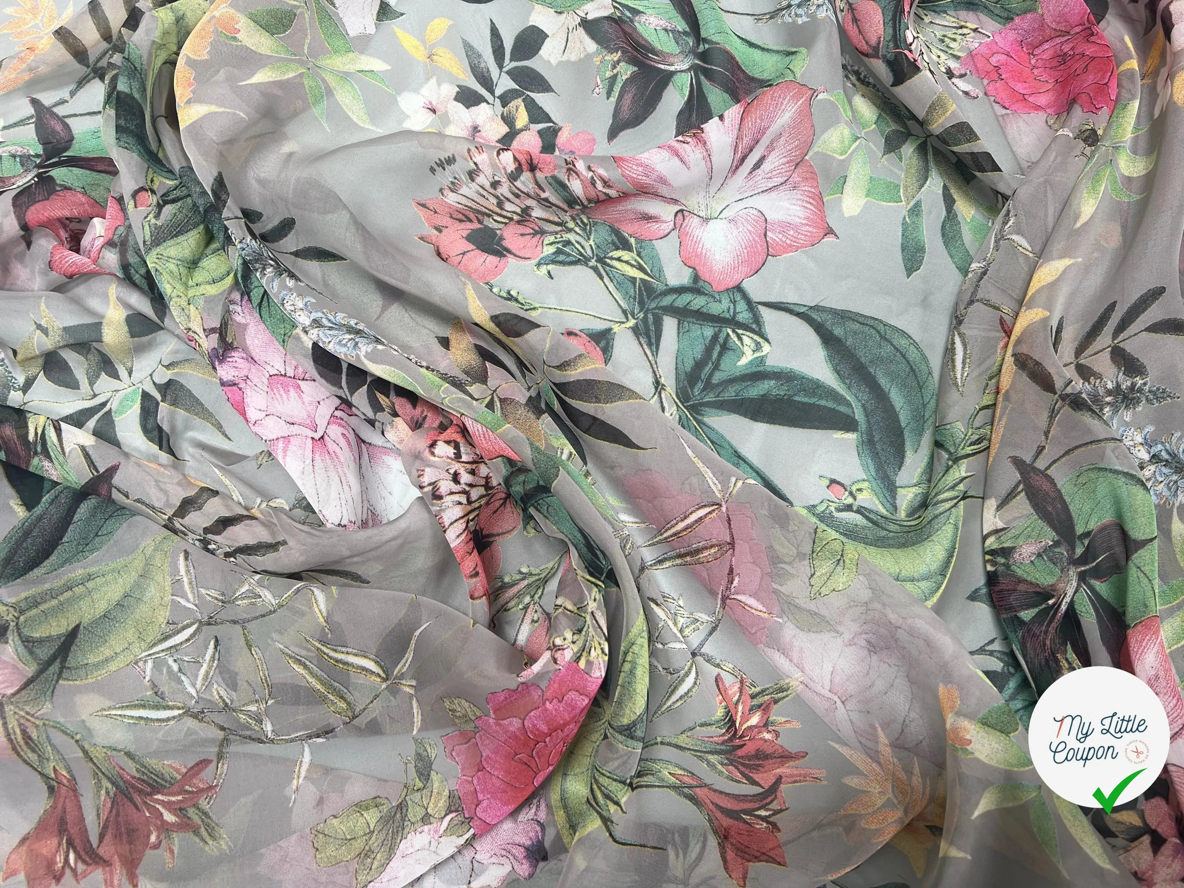 VOILE SOIE VISCOSE FOND GRIS FLEURS ORANGES - My Little Coupon