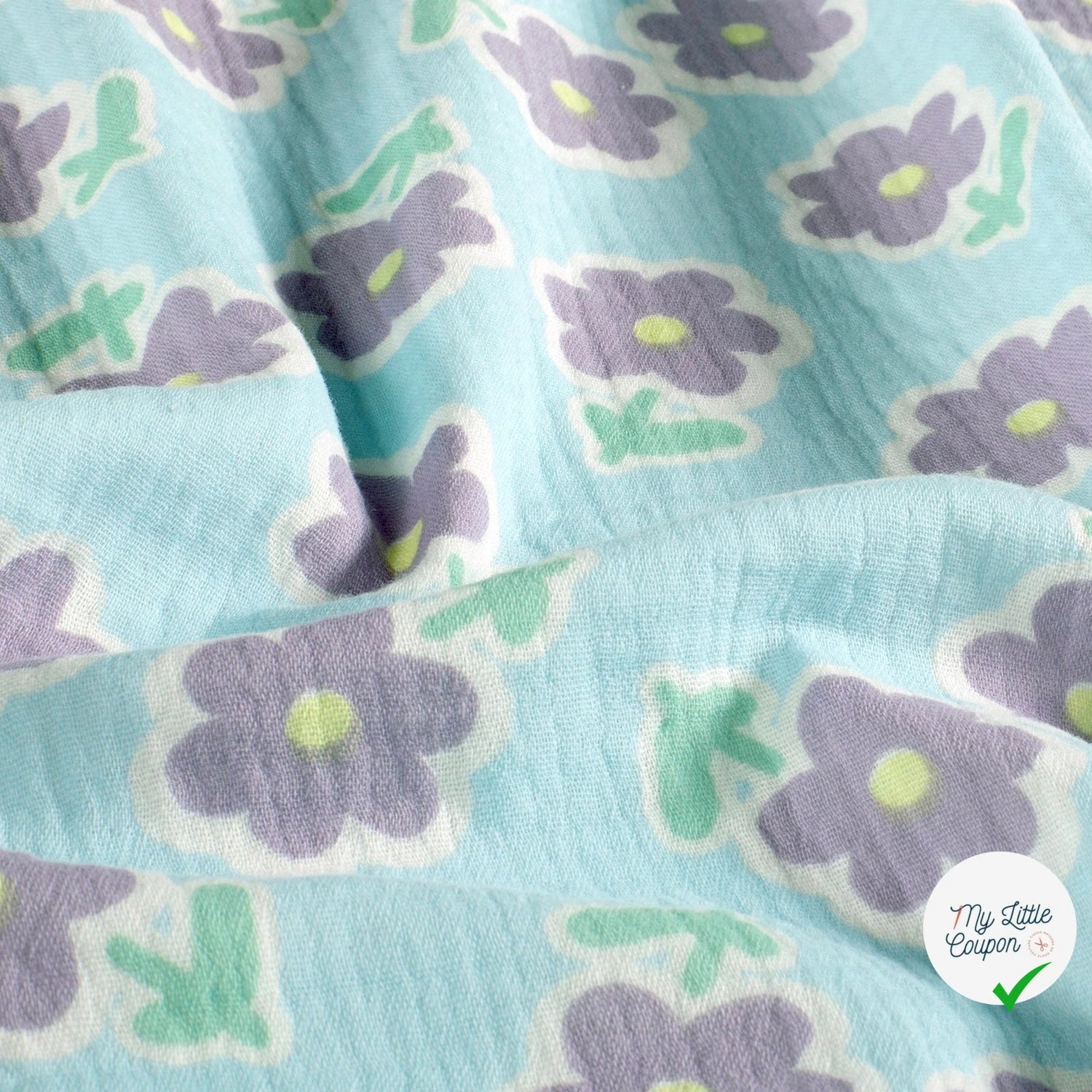DOUBLE GAZE DE COTON FLEURS GLACE BLEU - My Little Coupon