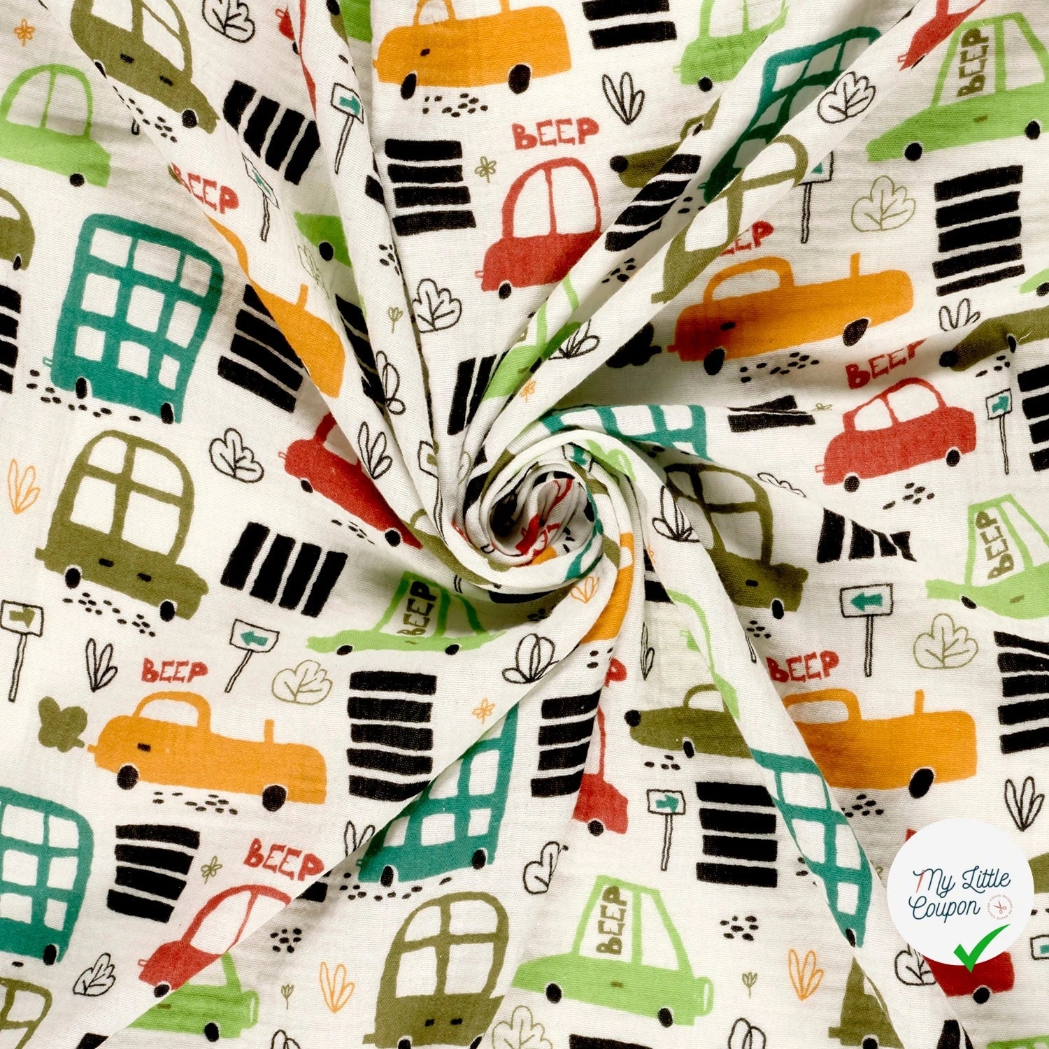 DOUBLE GAZE DE COTON VÉHICULES BLANC CASSÉ - My Little Coupon
