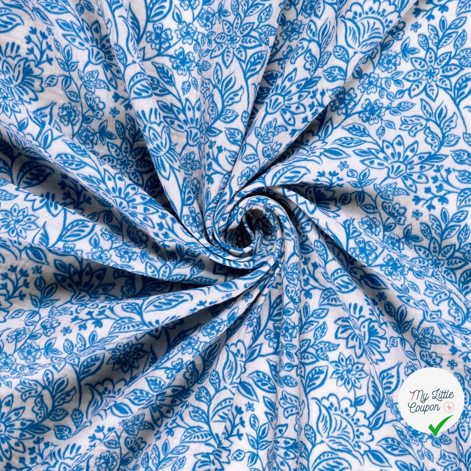 DOUBLE GAZE TISSU IMPRIMÉ FLEURS INDIGO - My Little Coupon