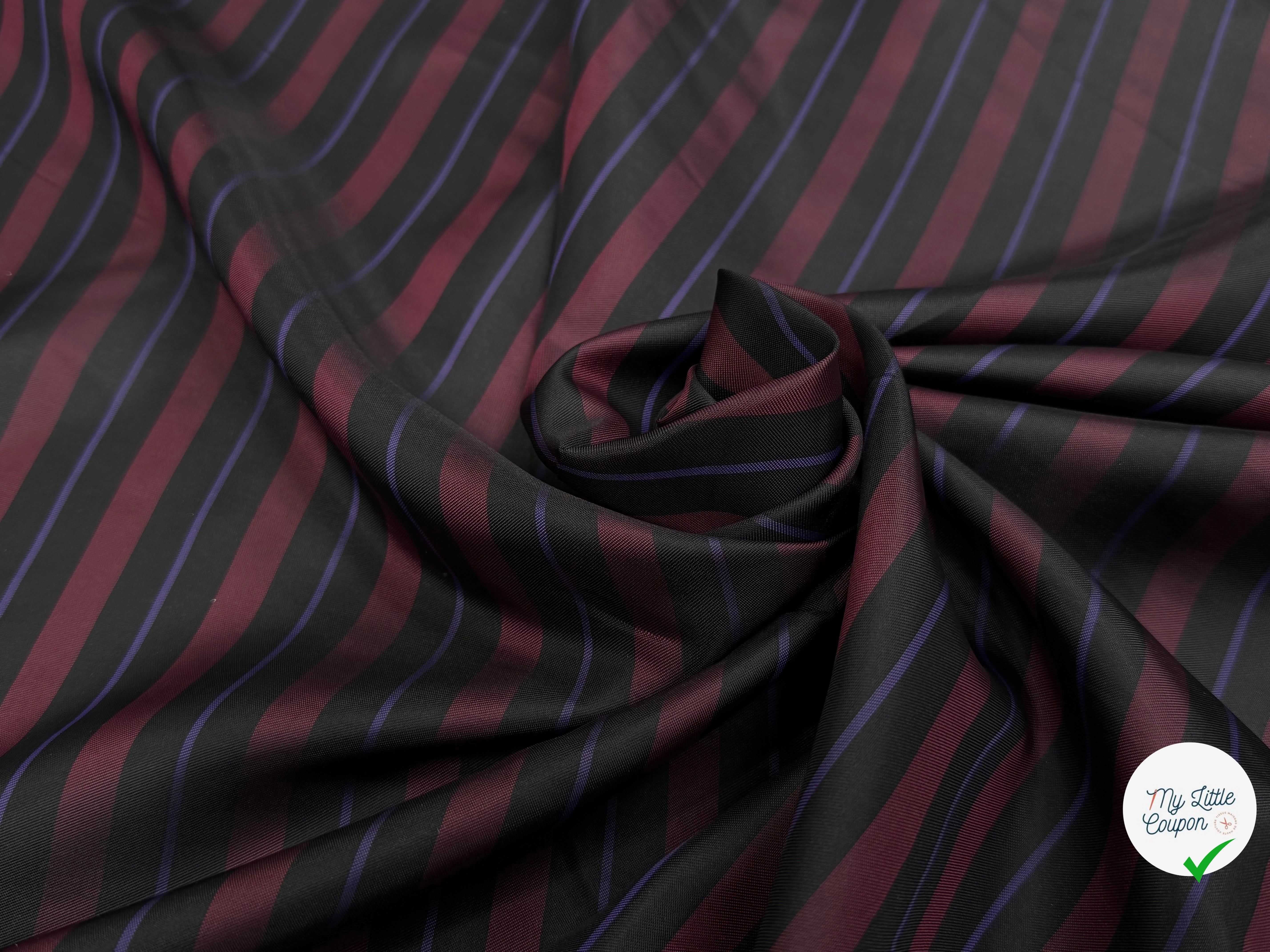 DOUBLURE ACETATE VISCOSE À RAYURES NOIR BORDEAUX VIOLET SUBLIME - My Little Coupon