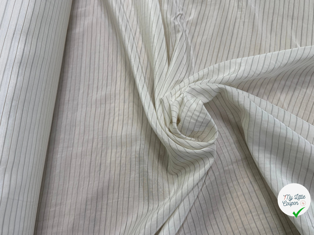 DOUBLURE VISCOSE LÉGÈREMENT SATINÉE ÉCRUE À RAYURES GRISES 100% VISCOSE - My Little Coupon