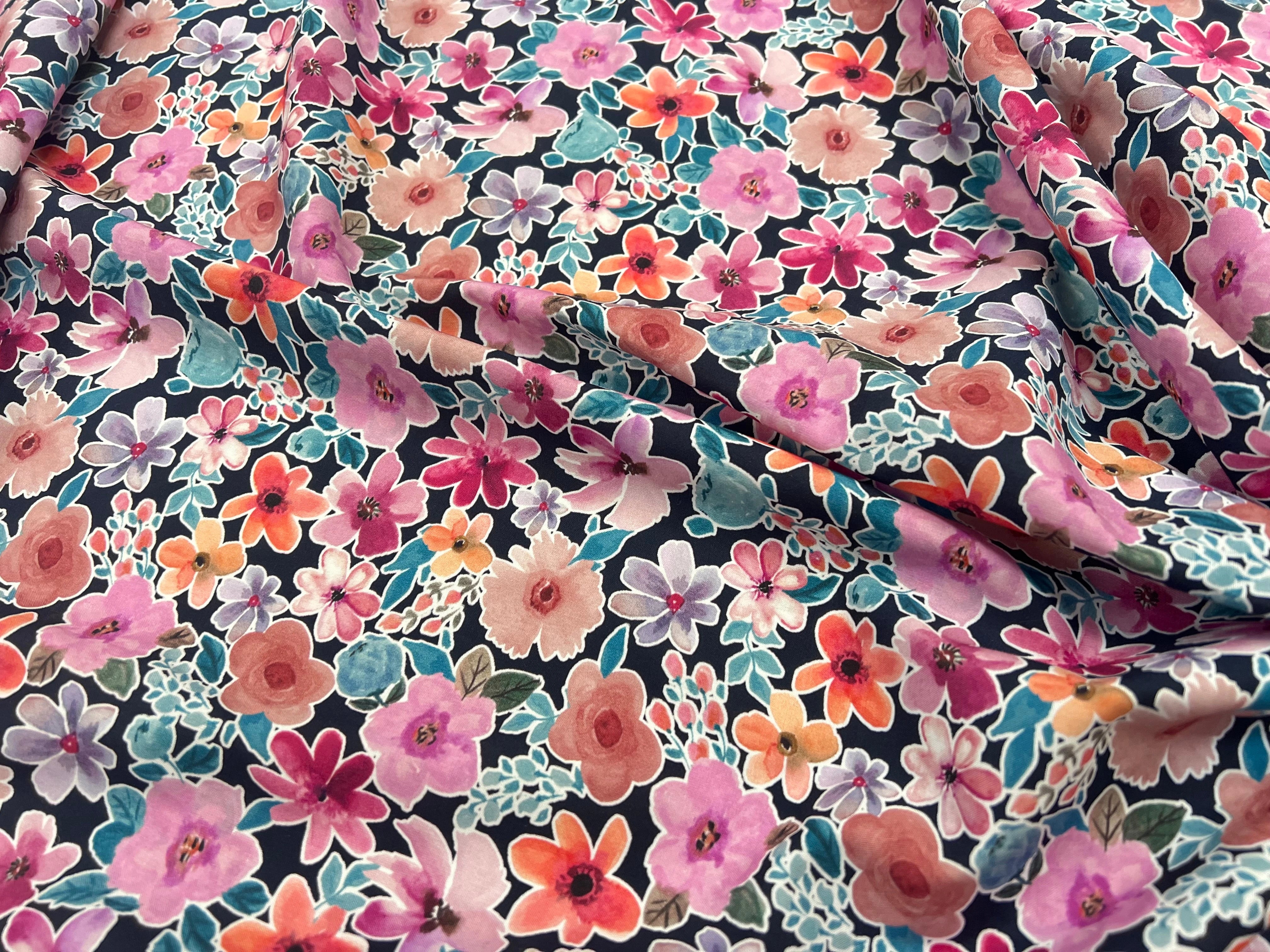FINE POPLIN DIGITAL FLOWERS – NAVY - My Little Coupon