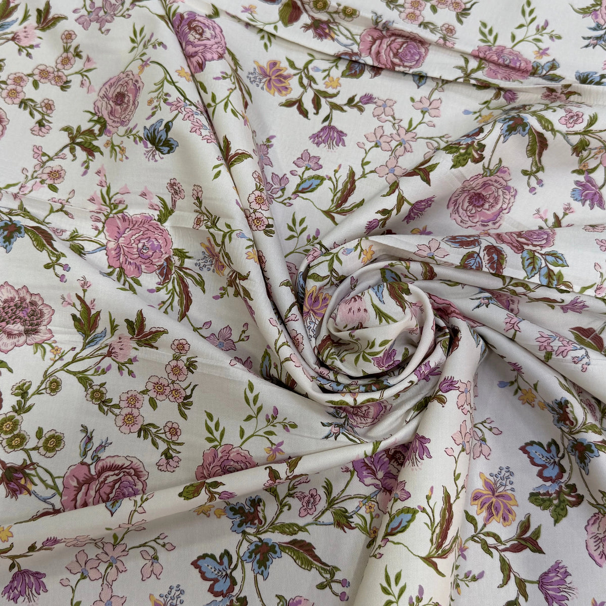 GABARDINE DE COTON FINE STRETCH ÉCRU JOLIES FLEURS ROSE VERT - My Little Coupon