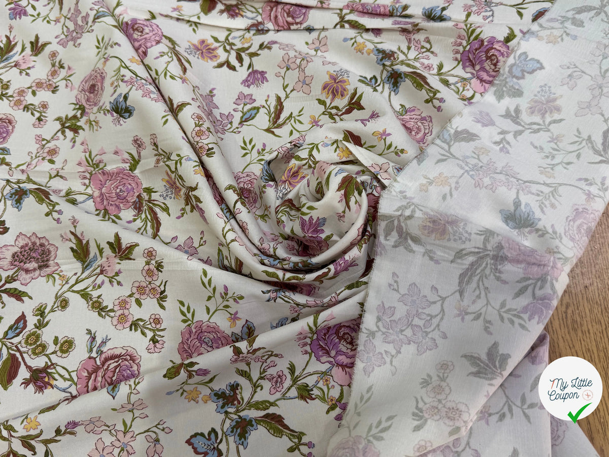 GABARDINE DE COTON FINE STRETCH ÉCRU JOLIES FLEURS ROSE VERT - My Little Coupon