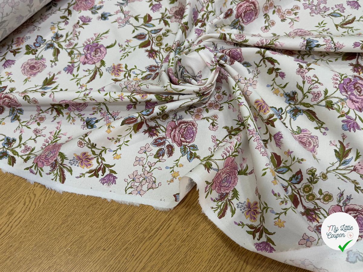 GABARDINE DE COTON FINE STRETCH ÉCRU JOLIES FLEURS ROSE VERT - My Little Coupon