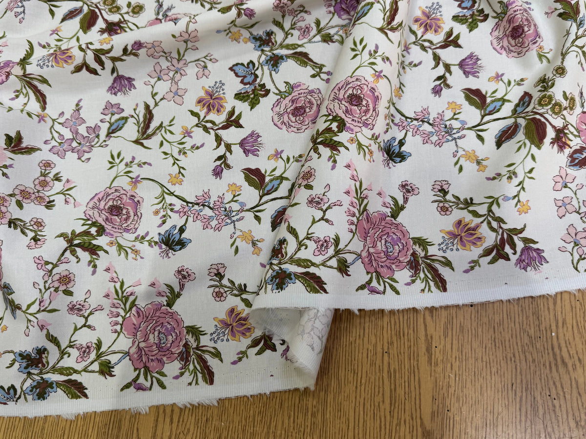GABARDINE DE COTON FINE STRETCH ÉCRU JOLIES FLEURS ROSE VERT - My Little Coupon