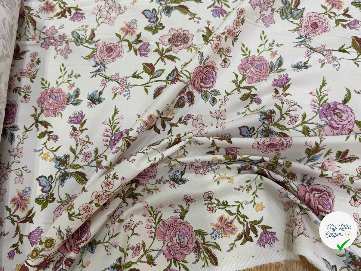 GABARDINE DE COTON FINE STRETCH ÉCRU JOLIES FLEURS ROSE VERT - My Little Coupon