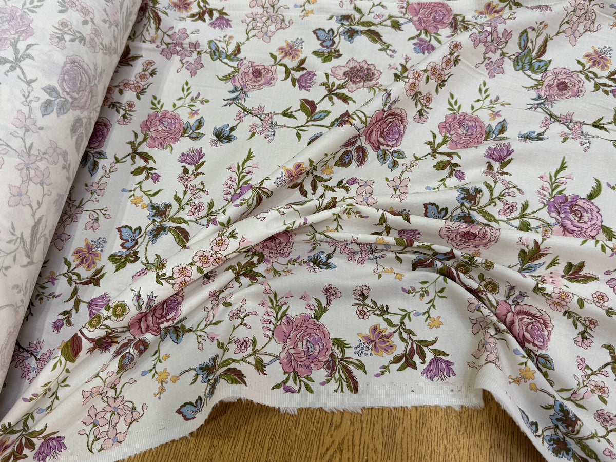 GABARDINE DE COTON FINE STRETCH ÉCRU JOLIES FLEURS ROSE VERT - My Little Coupon