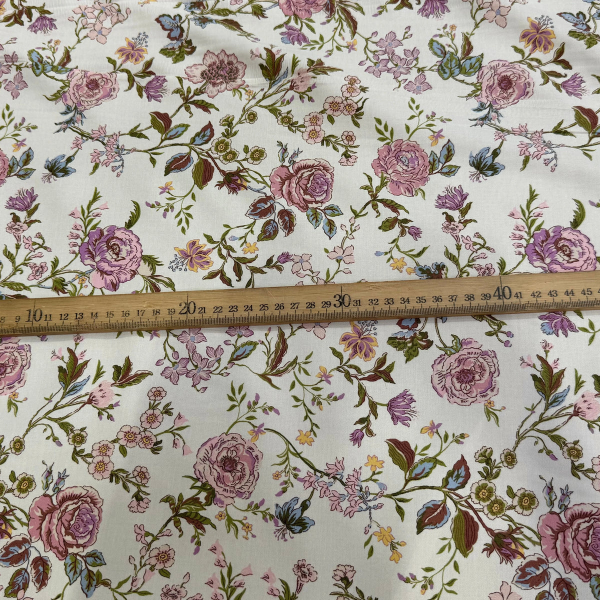 GABARDINE DE COTON FINE STRETCH ÉCRU JOLIES FLEURS ROSE VERT - My Little Coupon