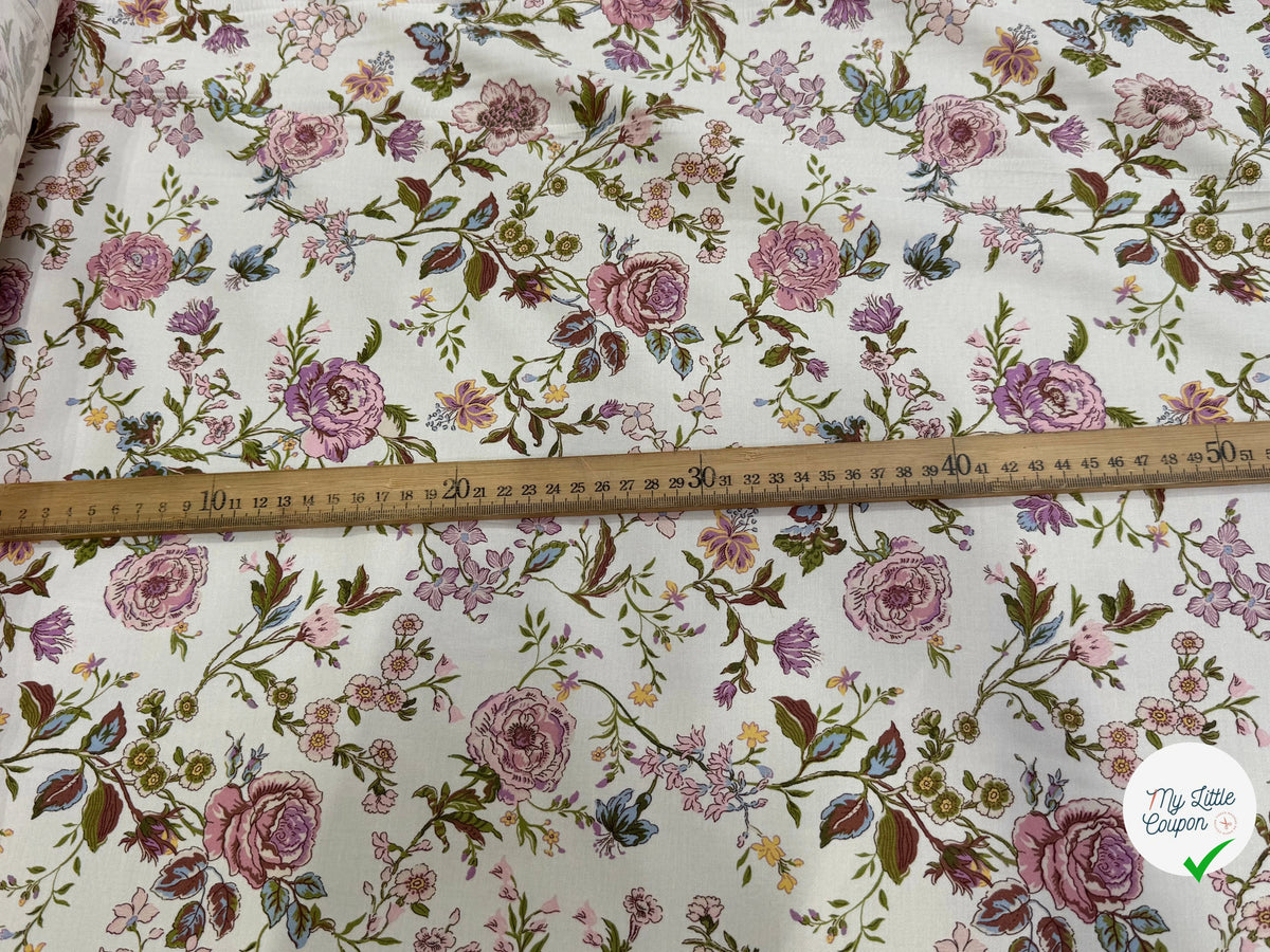 GABARDINE DE COTON FINE STRETCH ÉCRU JOLIES FLEURS ROSE VERT - My Little Coupon