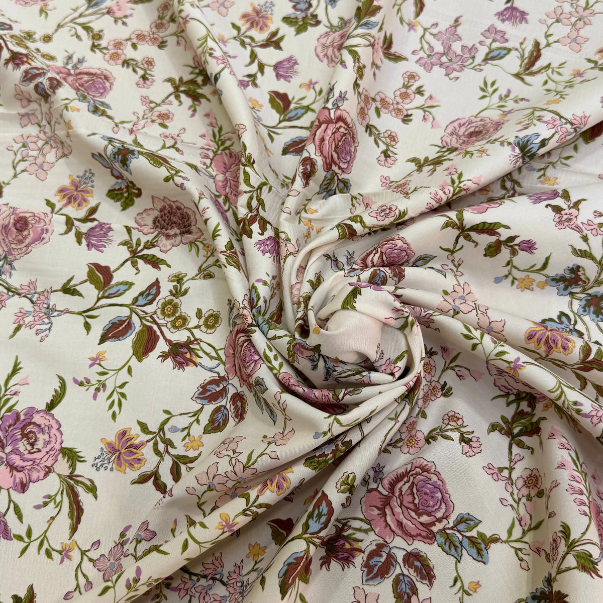 GABARDINE DE COTON FINE STRETCH ÉCRU JOLIES FLEURS ROSE VERT - My Little Coupon