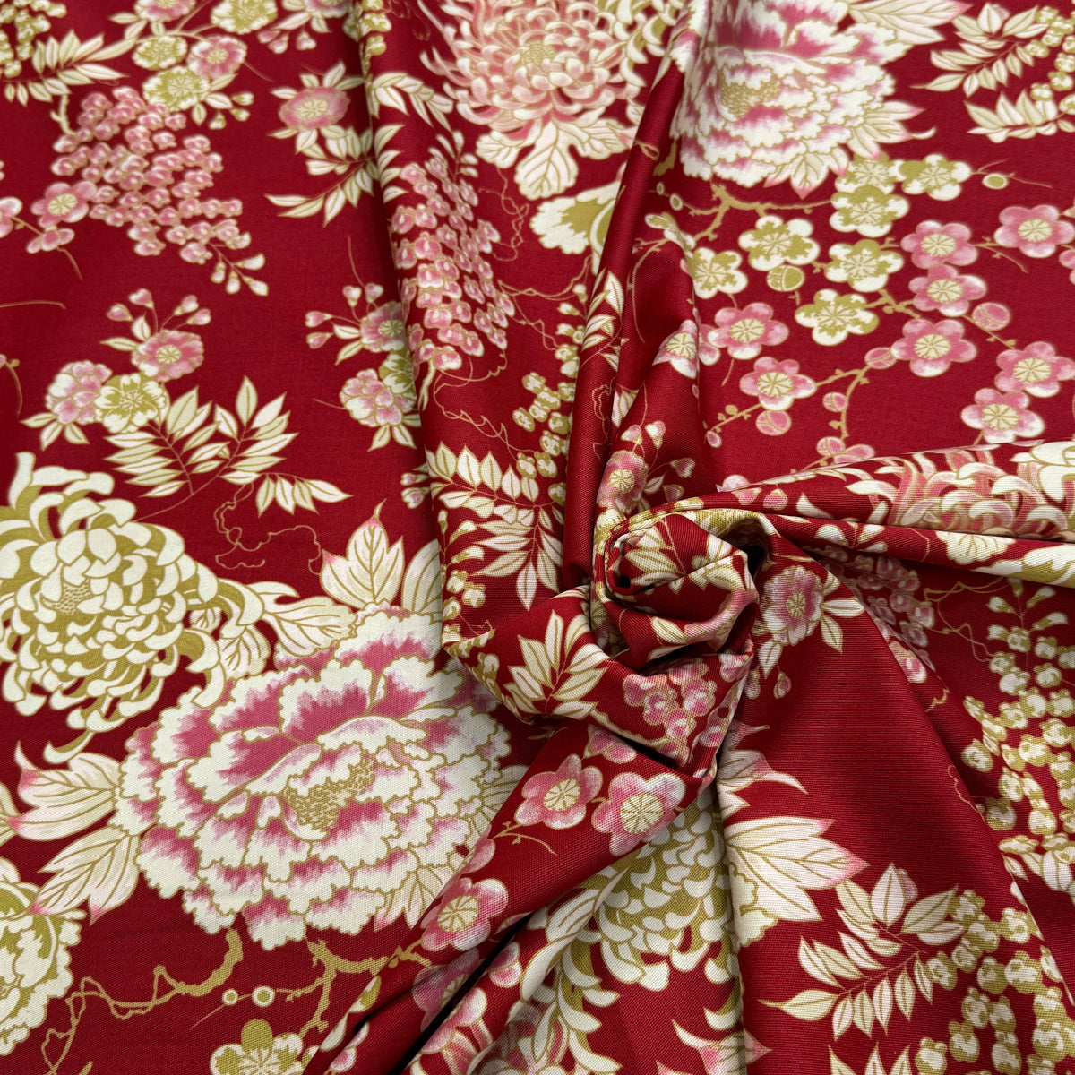 GABARDINE DE COTON STRETCH FOND ROUGE BORDEAUX FLORAL BELLE TENUE - My Little Coupon