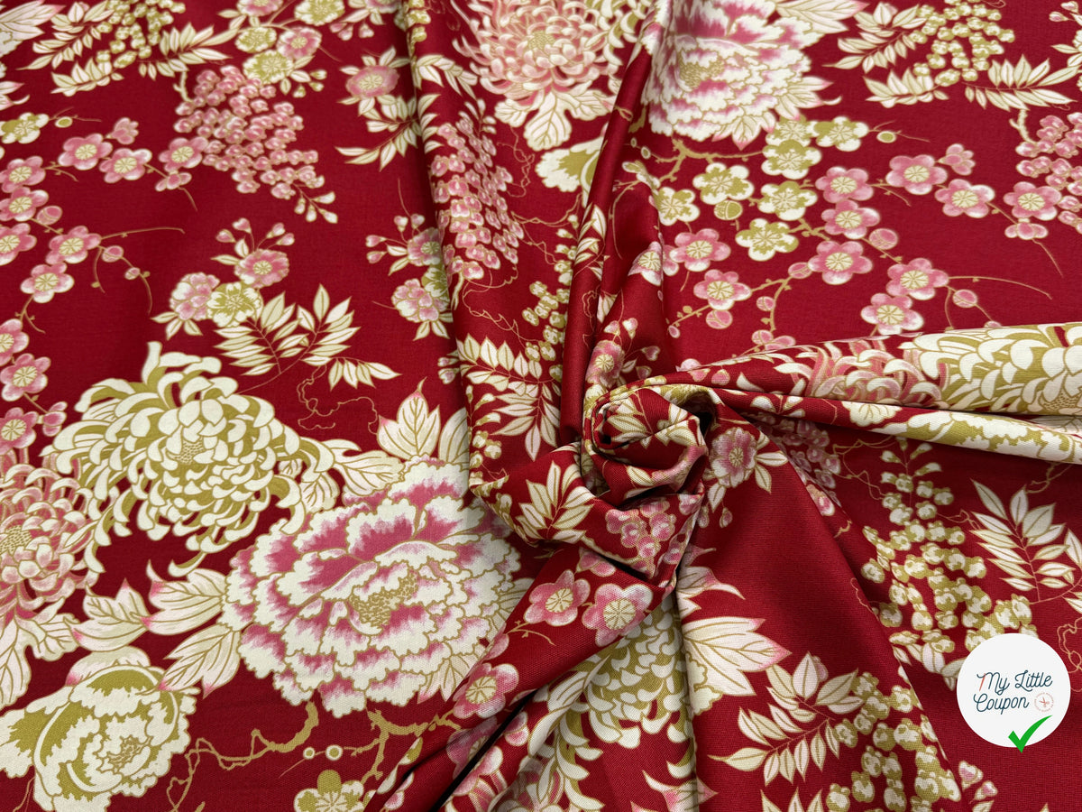 GABARDINE DE COTON STRETCH FOND ROUGE BORDEAUX FLORAL BELLE TENUE - My Little Coupon