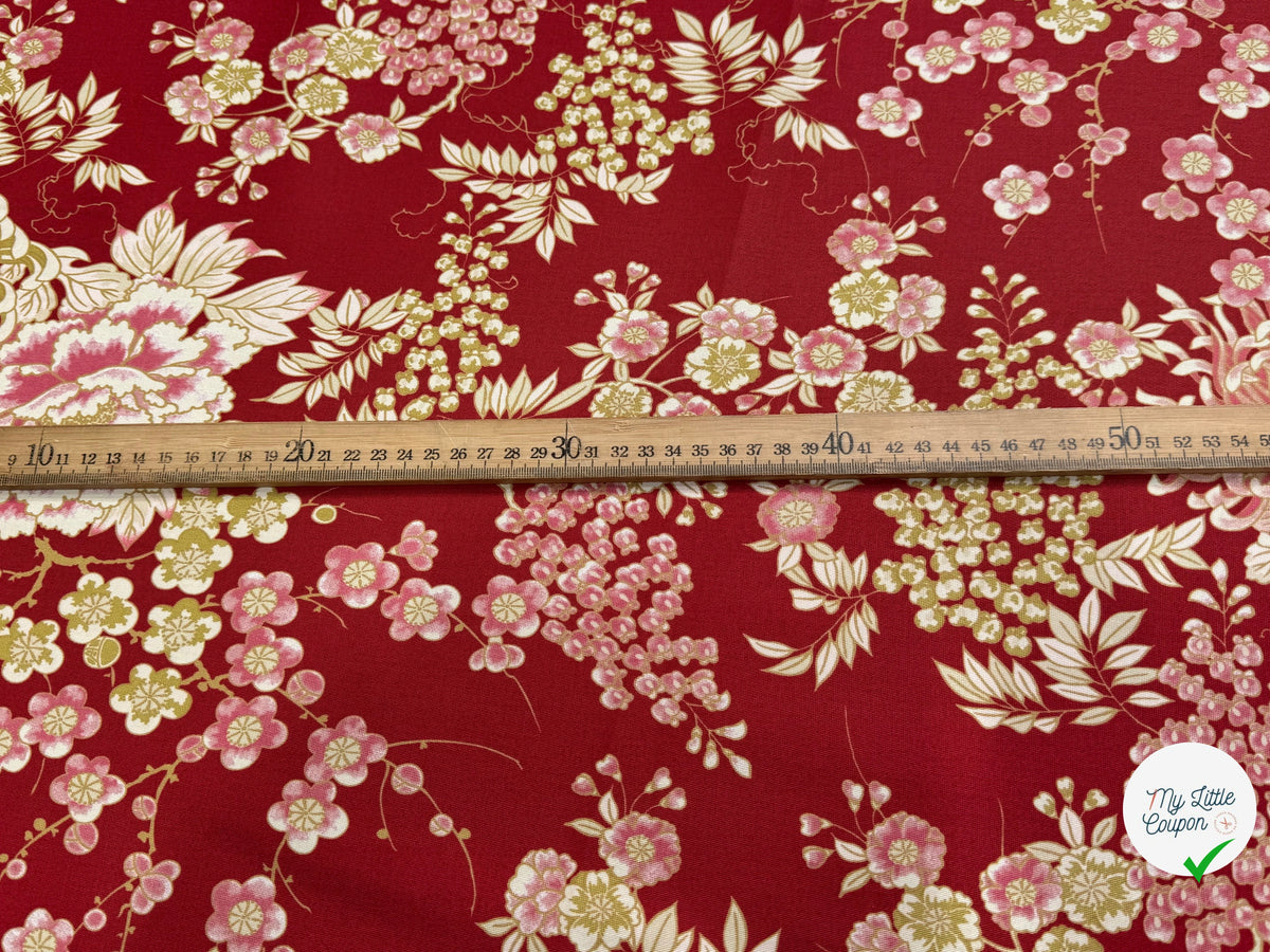 GABARDINE DE COTON STRETCH FOND ROUGE BORDEAUX FLORAL BELLE TENUE - My Little Coupon