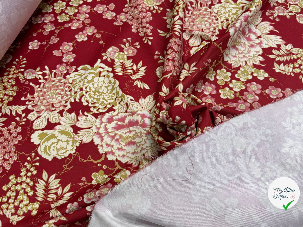 GABARDINE DE COTON STRETCH FOND ROUGE BORDEAUX FLORAL BELLE TENUE - My Little Coupon