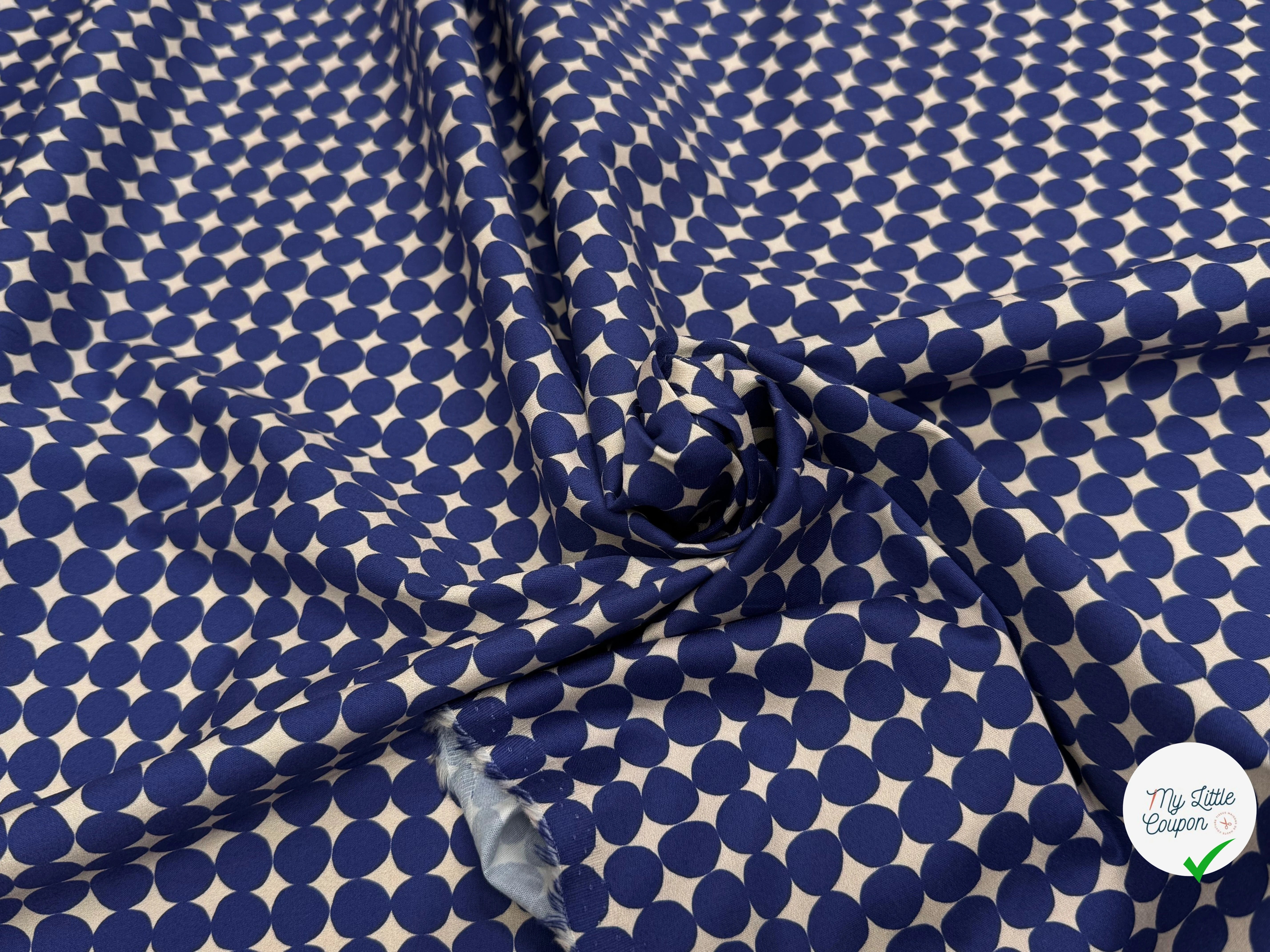 GABARDINE DE COTON STRETCH IMPRIMÉE POIS ARTEMIDE ROND BLEU - My Little Coupon