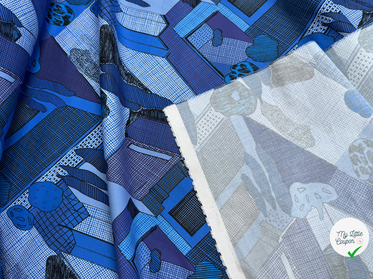 GABARDINE FINE DE COTON STRETCH IMPRIMÉ ABSTRAIT GÉOMÉTRIQUE BLEU ARTEMIDE ARCHI - My Little Coupon