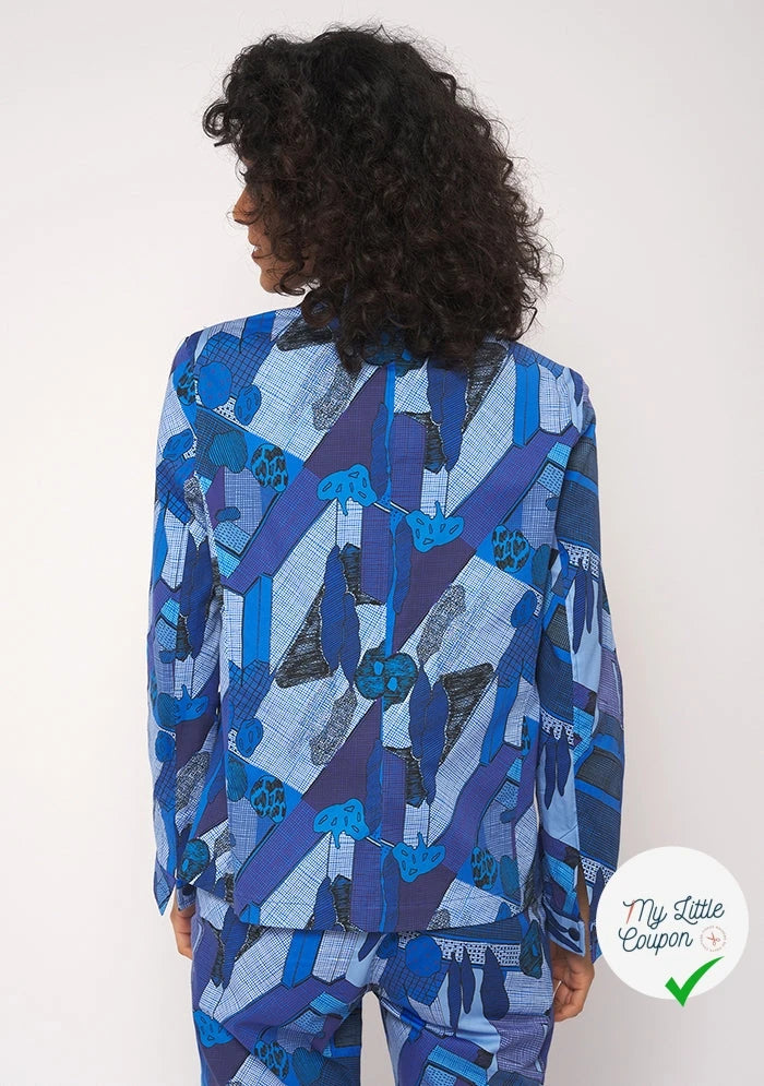 GABARDINE FINE DE COTON STRETCH IMPRIMÉ ABSTRAIT GÉOMÉTRIQUE BLEU - My Little Coupon
