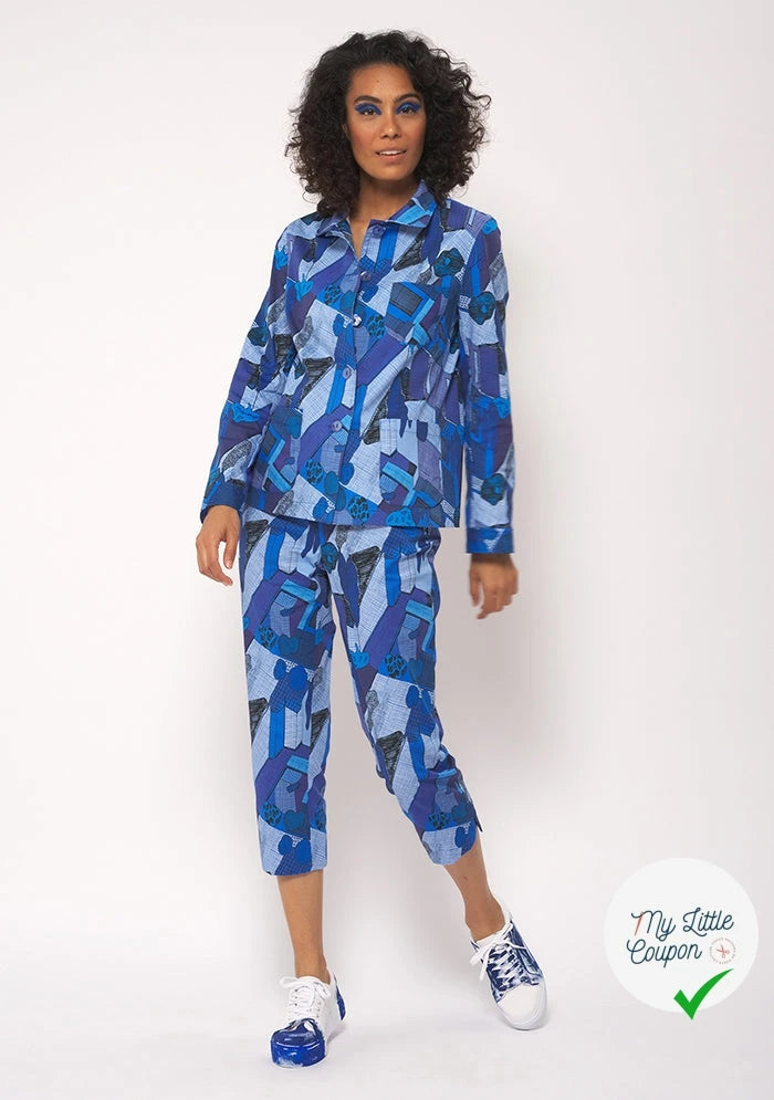 GABARDINE FINE DE COTON STRETCH IMPRIMÉ ABSTRAIT GÉOMÉTRIQUE BLEU - My Little Coupon