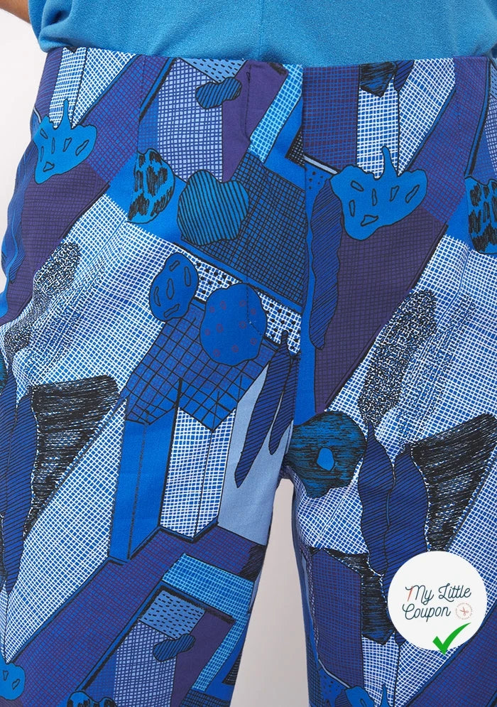 GABARDINE FINE DE COTON STRETCH IMPRIMÉ ABSTRAIT GÉOMÉTRIQUE BLEU - My Little Coupon