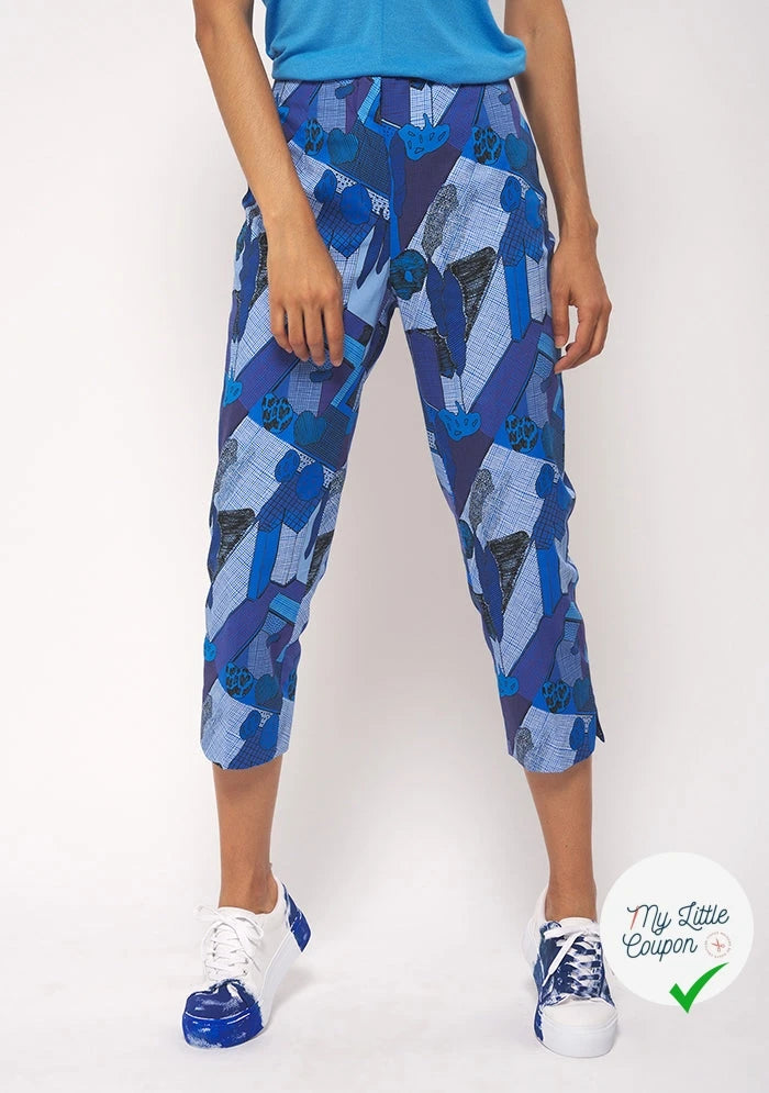 GABARDINE FINE DE COTON STRETCH IMPRIMÉ ABSTRAIT GÉOMÉTRIQUE BLEU - My Little Coupon