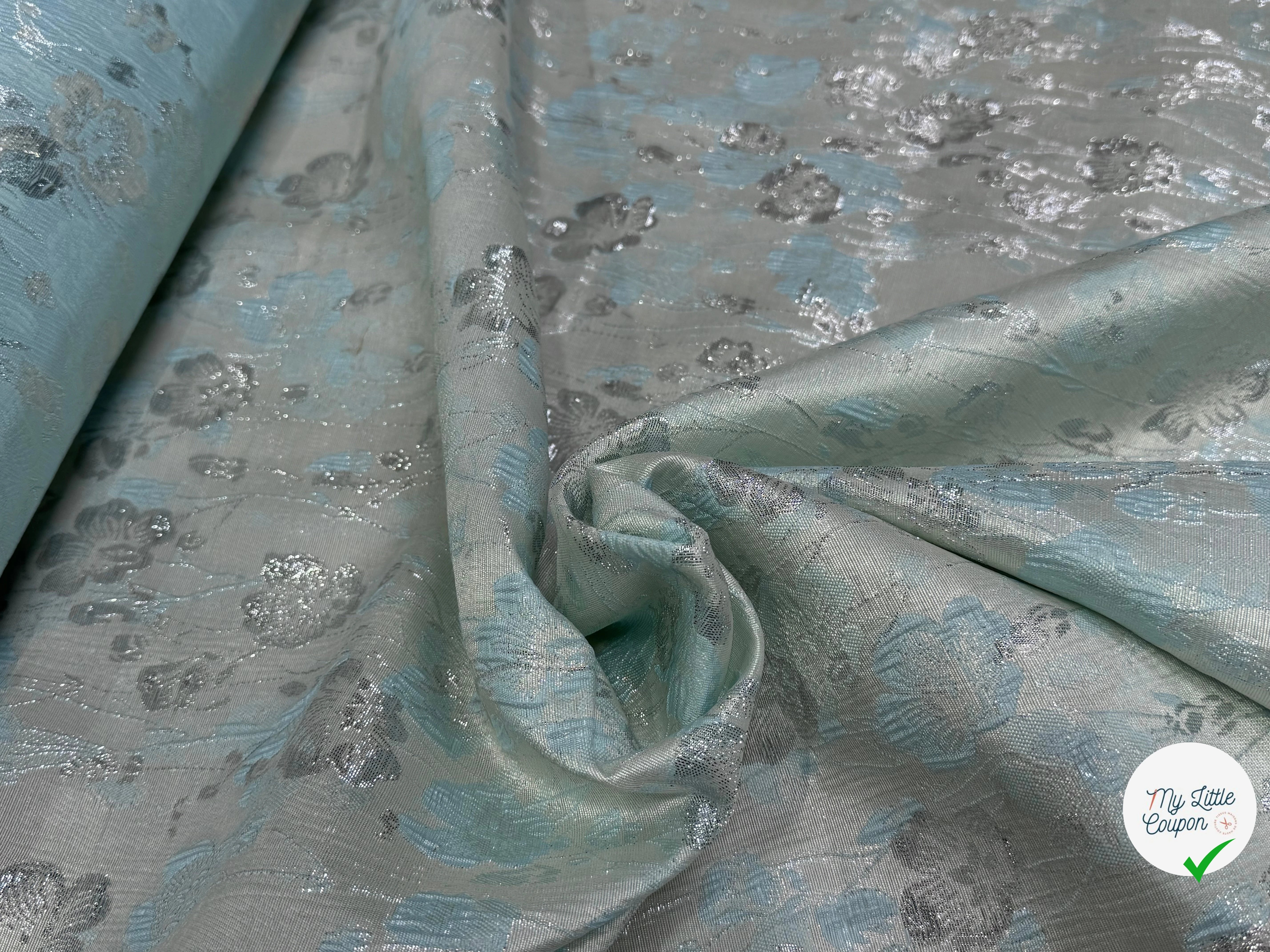 JACQUARD BROCA ARGENTÉ MOTIFS FLORAUX ACQUA - My Little Coupon