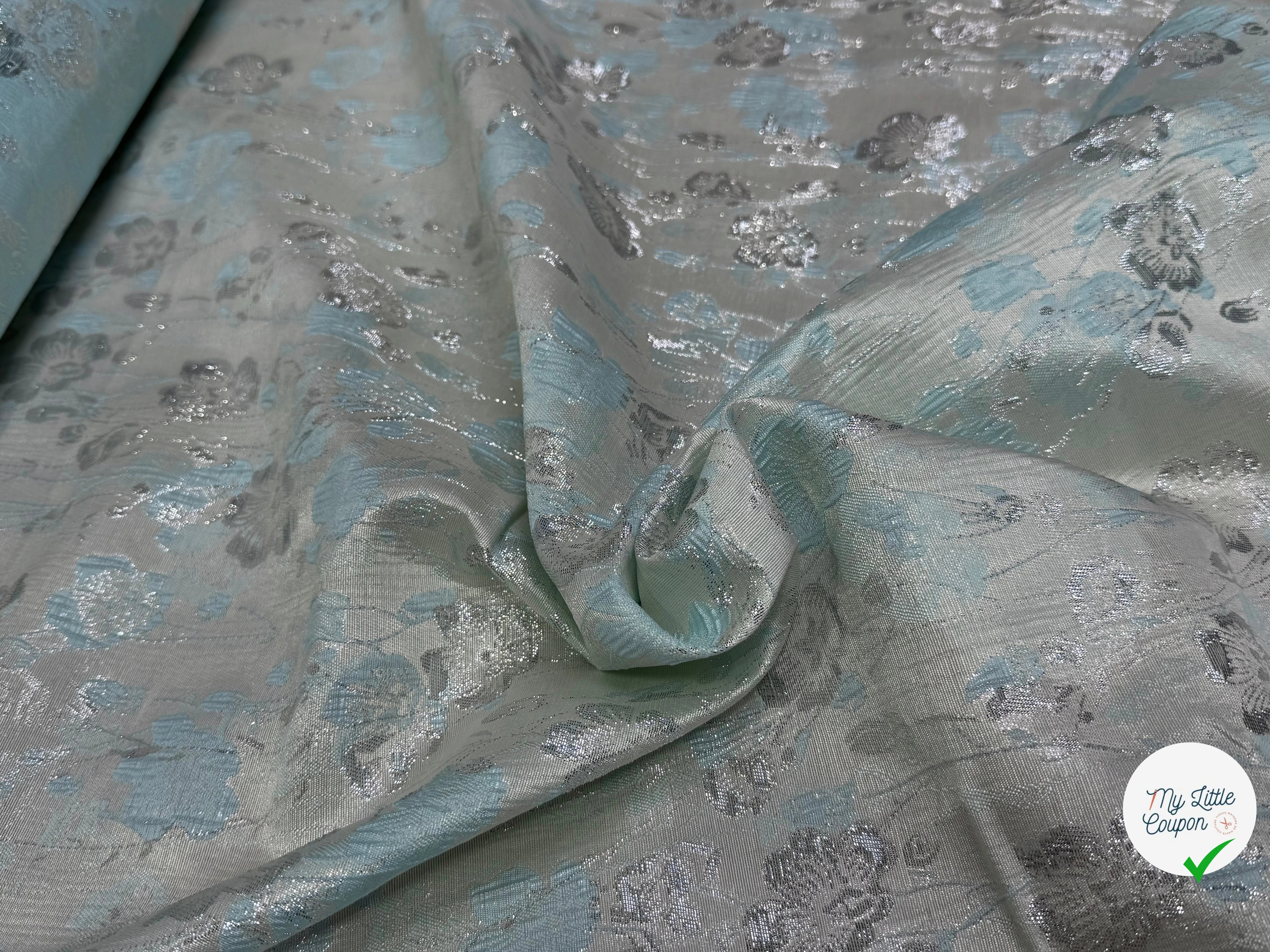 JACQUARD BROCA ARGENTÉ MOTIFS FLORAUX ACQUA - My Little Coupon