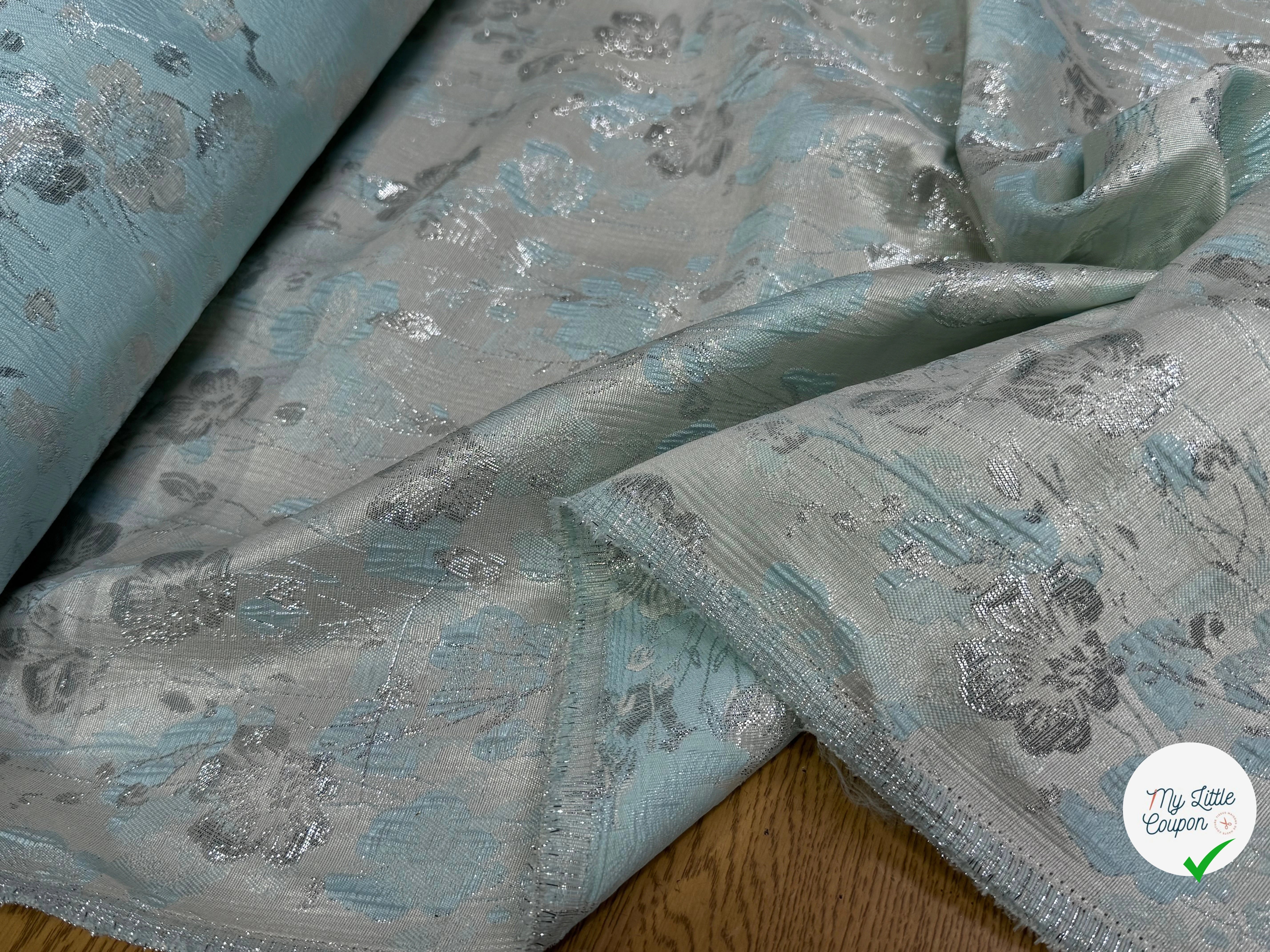 JACQUARD BROCA ARGENTÉ MOTIFS FLORAUX ACQUA - My Little Coupon