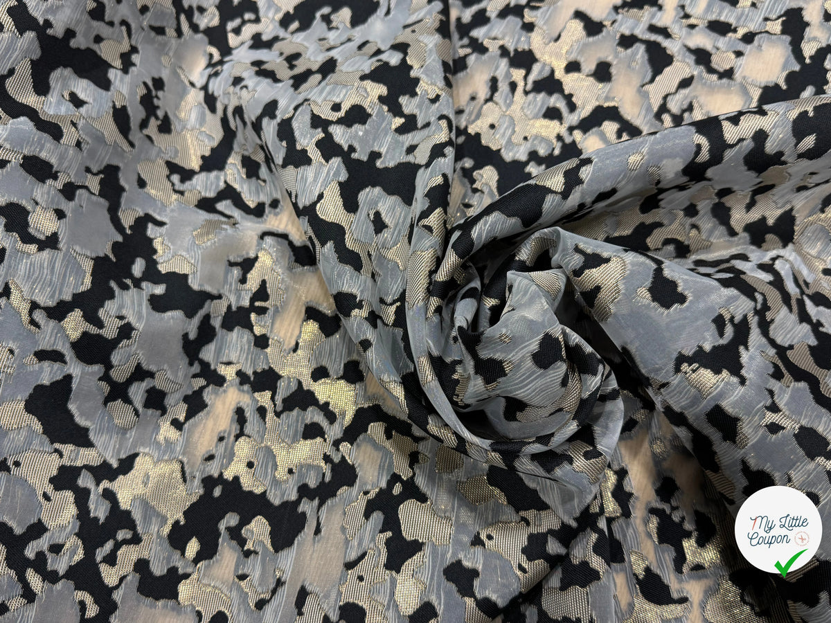 JACQUARD MÉTALLISÉ MOTIF CAMOUFLAGE ARMY NOIR ET OR - My Little Coupon