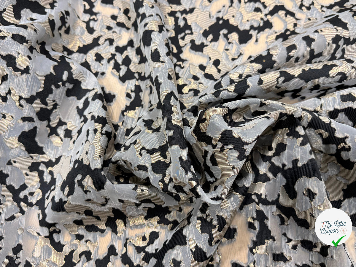 JACQUARD MÉTALLISÉ MOTIF CAMOUFLAGE ARMY NOIR ET OR - My Little Coupon