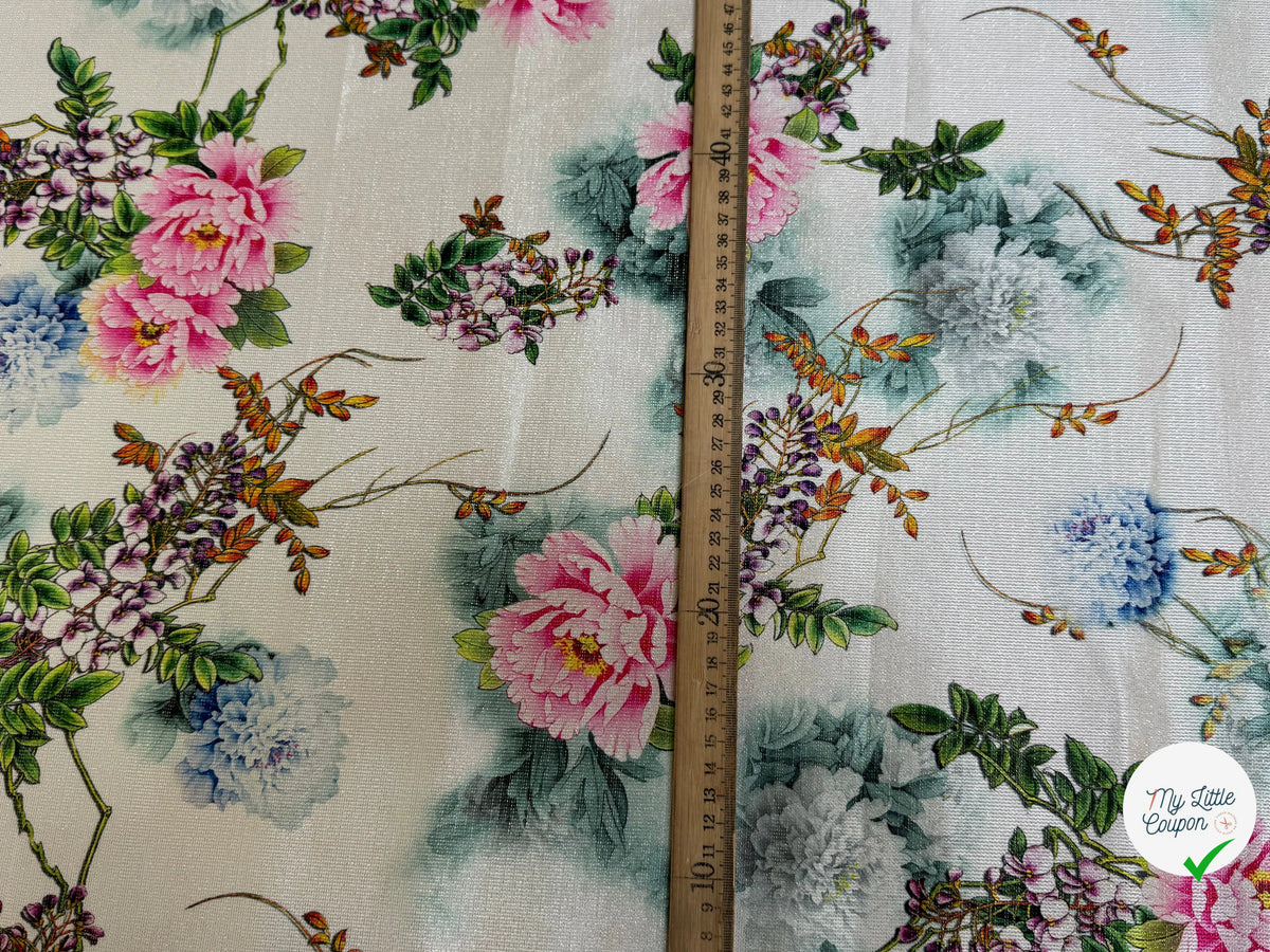 JACQUARD SATINÉ MOTIFS FLORAUX MULTICOLORE VERT ET ROSE FOND ÉCRU - My Little Coupon