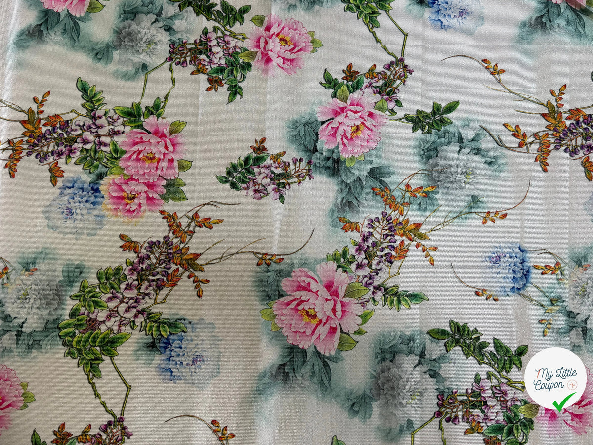 JACQUARD SATINÉ MOTIFS FLORAUX MULTICOLORE VERT ET ROSE FOND ÉCRU - My Little Coupon