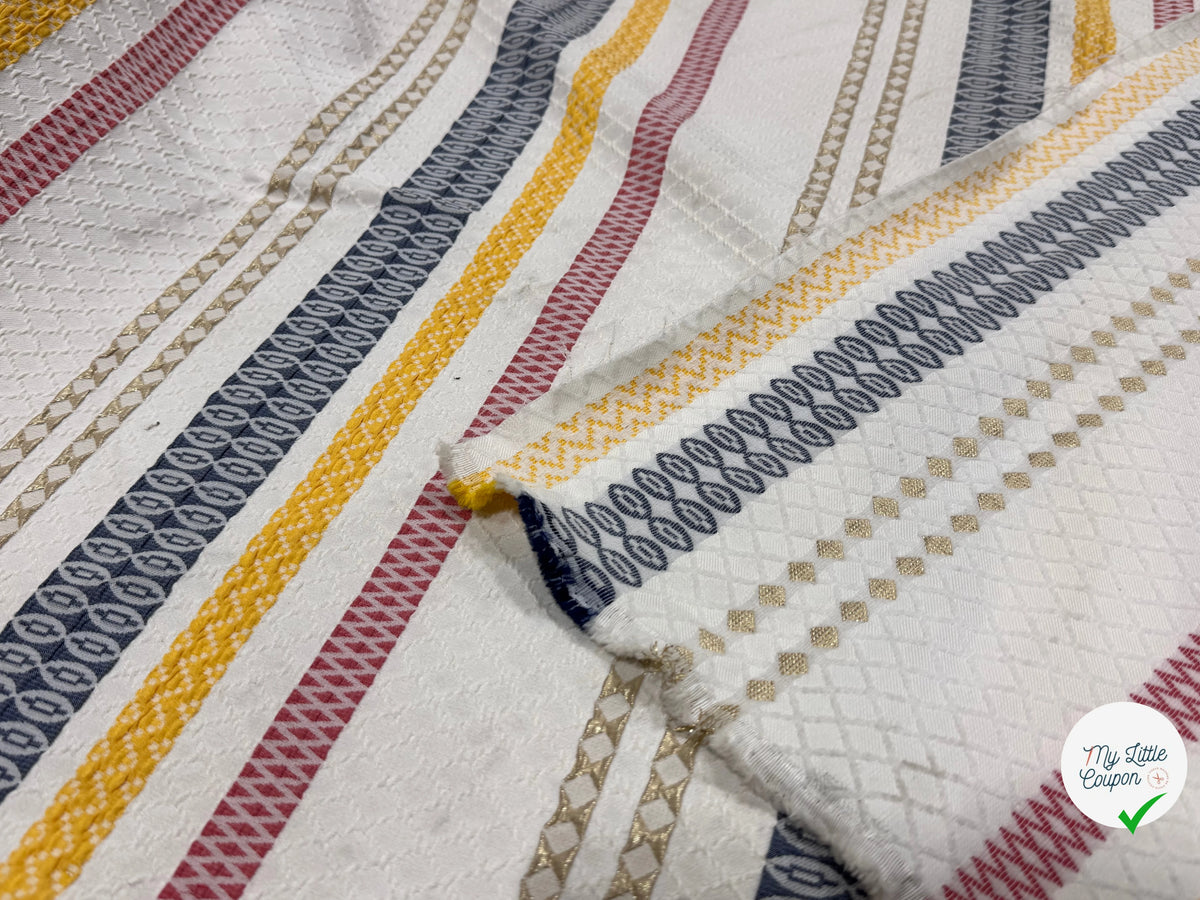 JACQUARD SERGÉ LÉGÈREMENT STRETCH MOTIF GÉOMÉTRIQUE GROSSES RAYURES MULTICOLORE - My Little Coupon
