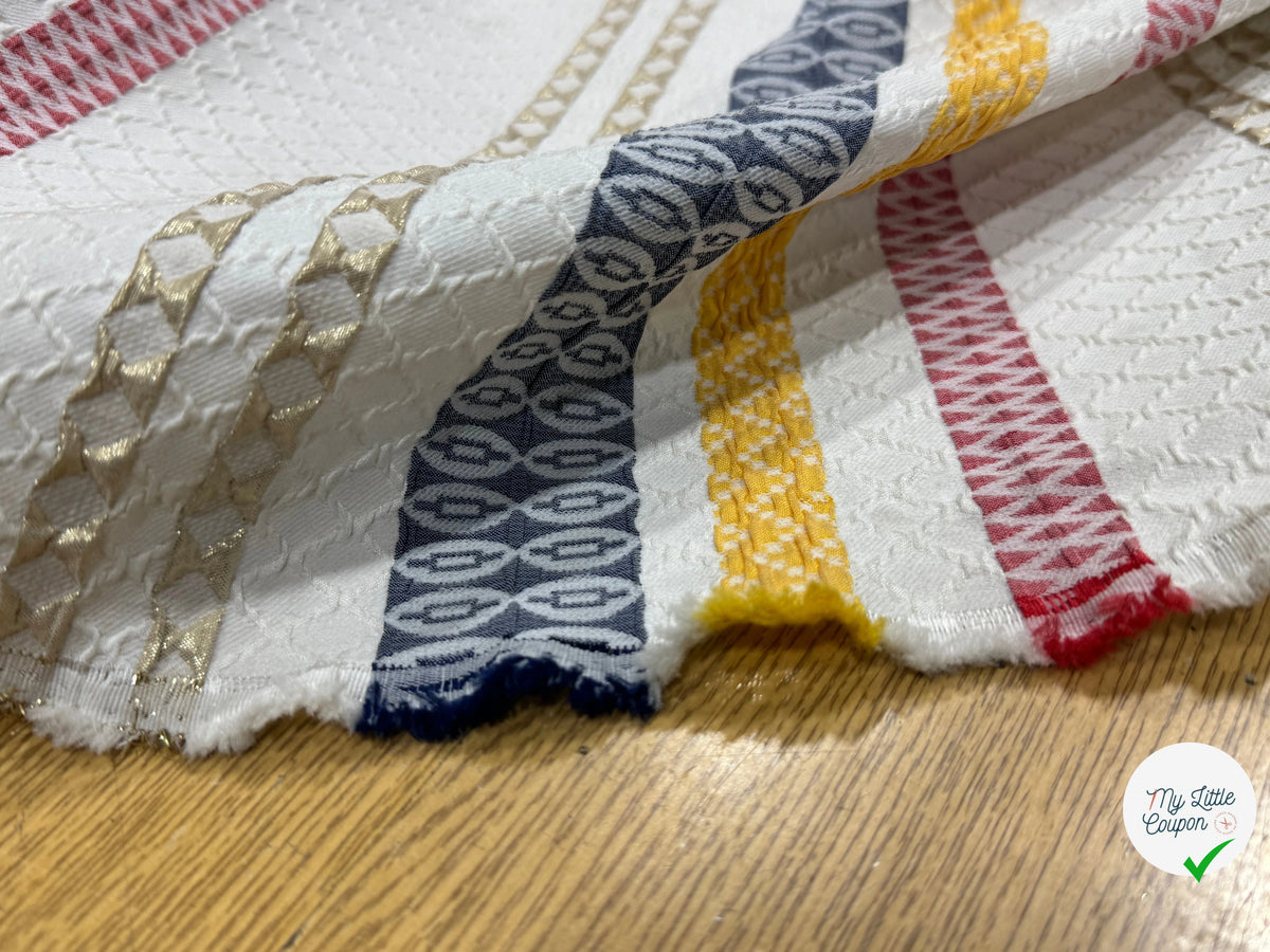 JACQUARD SERGÉ LÉGÈREMENT STRETCH MOTIF GÉOMÉTRIQUE GROSSES RAYURES MULTICOLORE - My Little Coupon