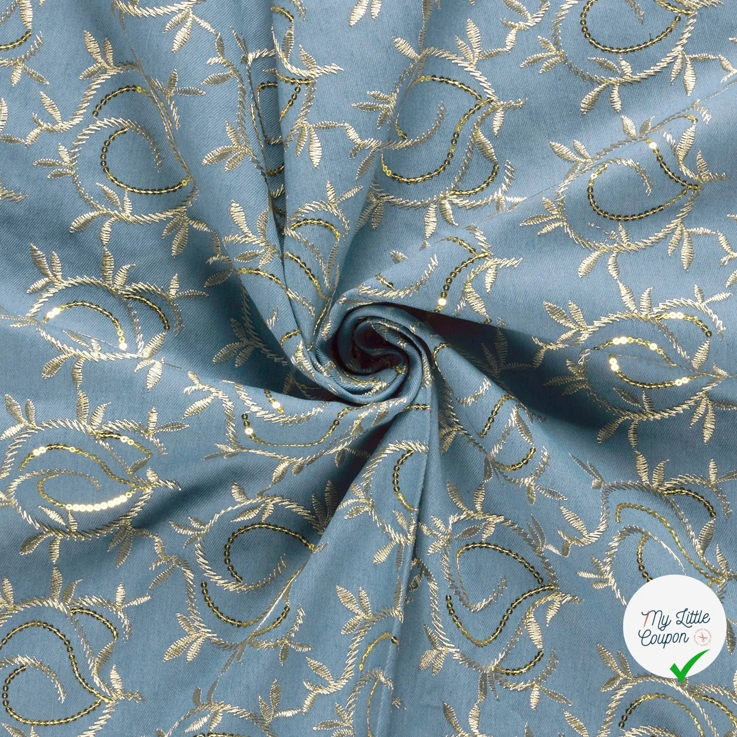 JEAN BRODÉ FEUILLES BLEU CLAIR 70% COTON - My Little Coupon