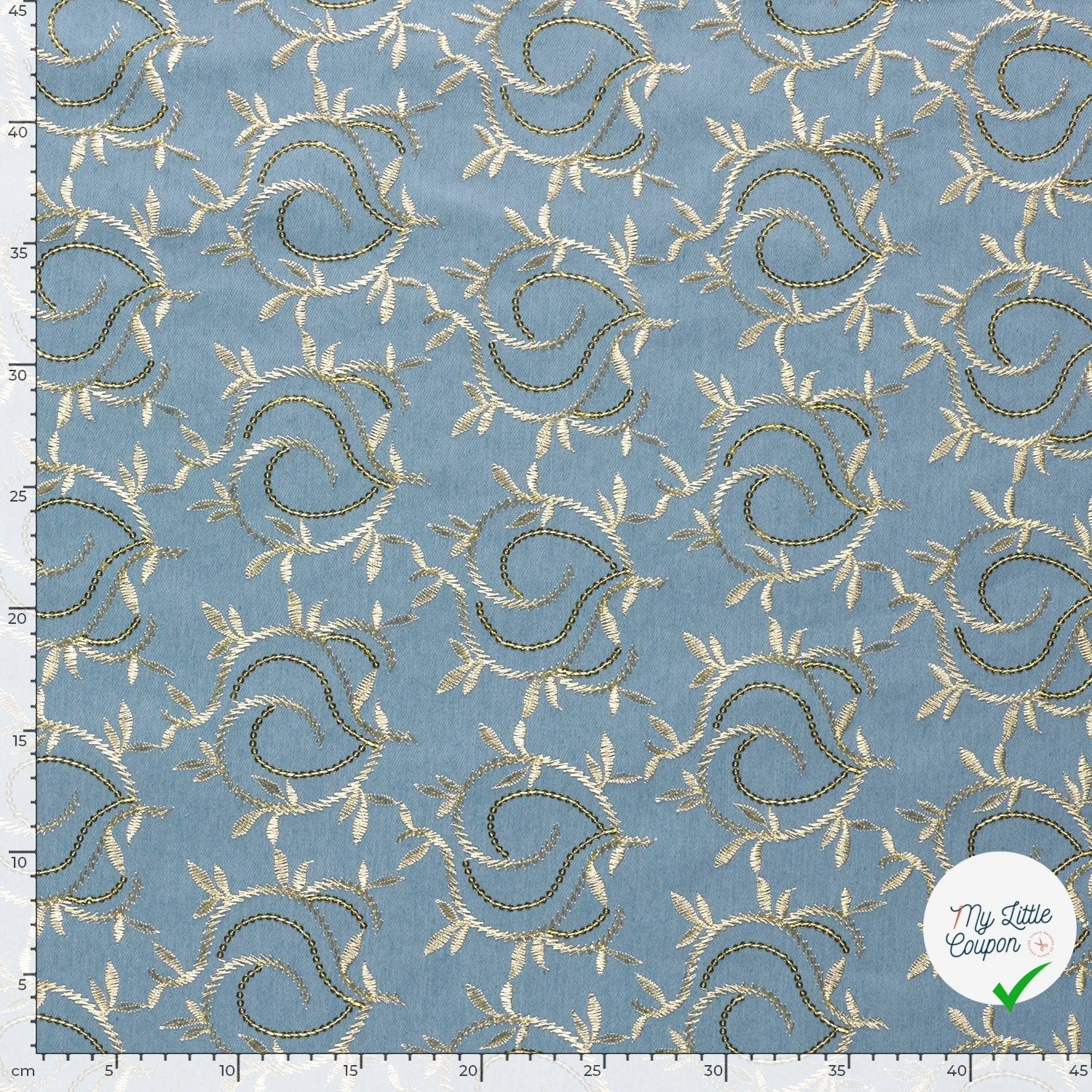 JEAN BRODÉ FEUILLES BLEU CLAIR 70% COTON - My Little Coupon