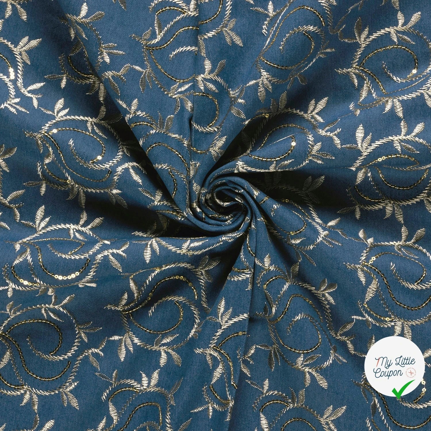 JEAN BRODÉ FEUILLES INDIGO 70% COTON - My Little Coupon