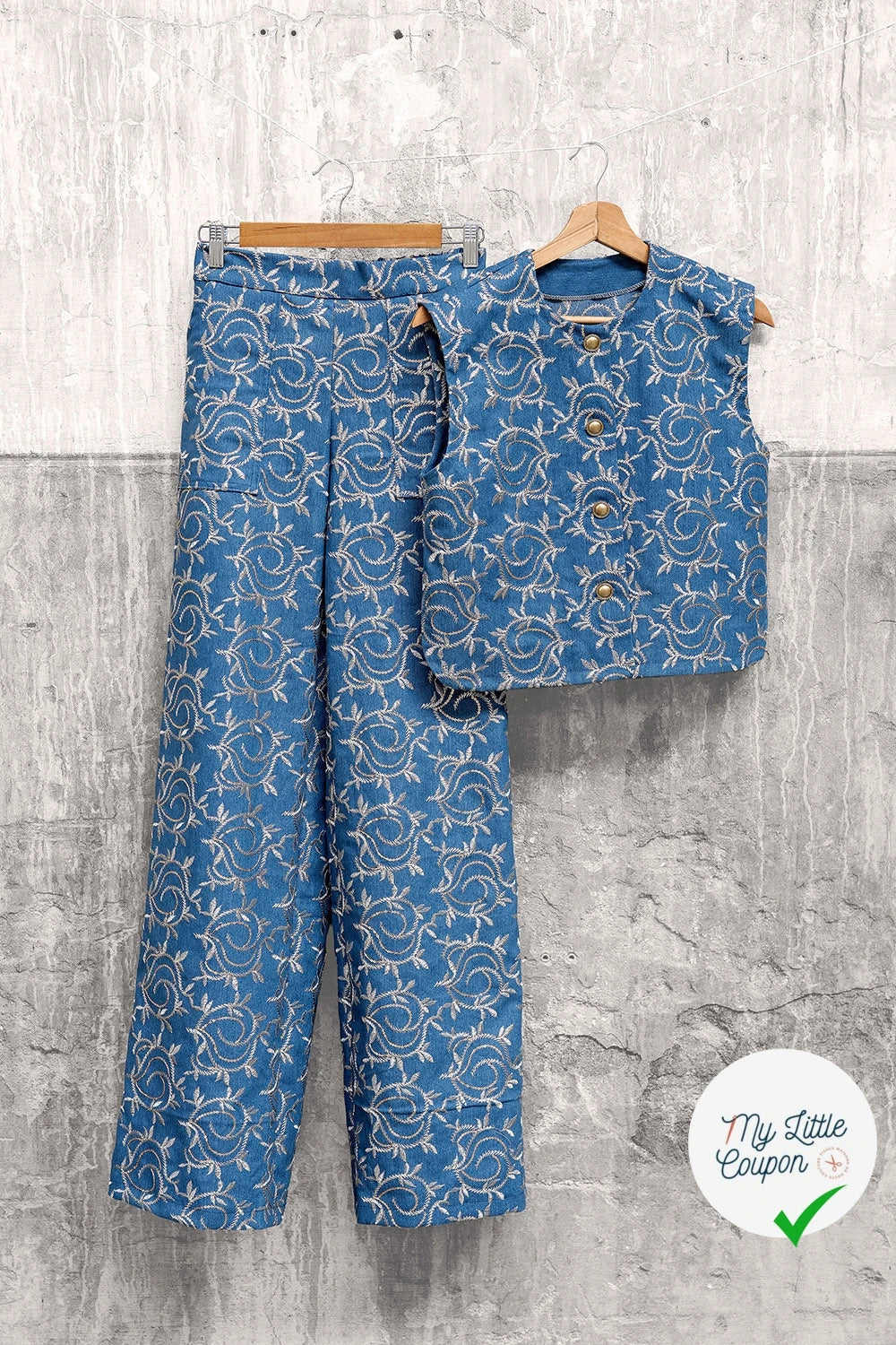 JEAN BRODÉ FEUILLES INDIGO 70% COTON - My Little Coupon