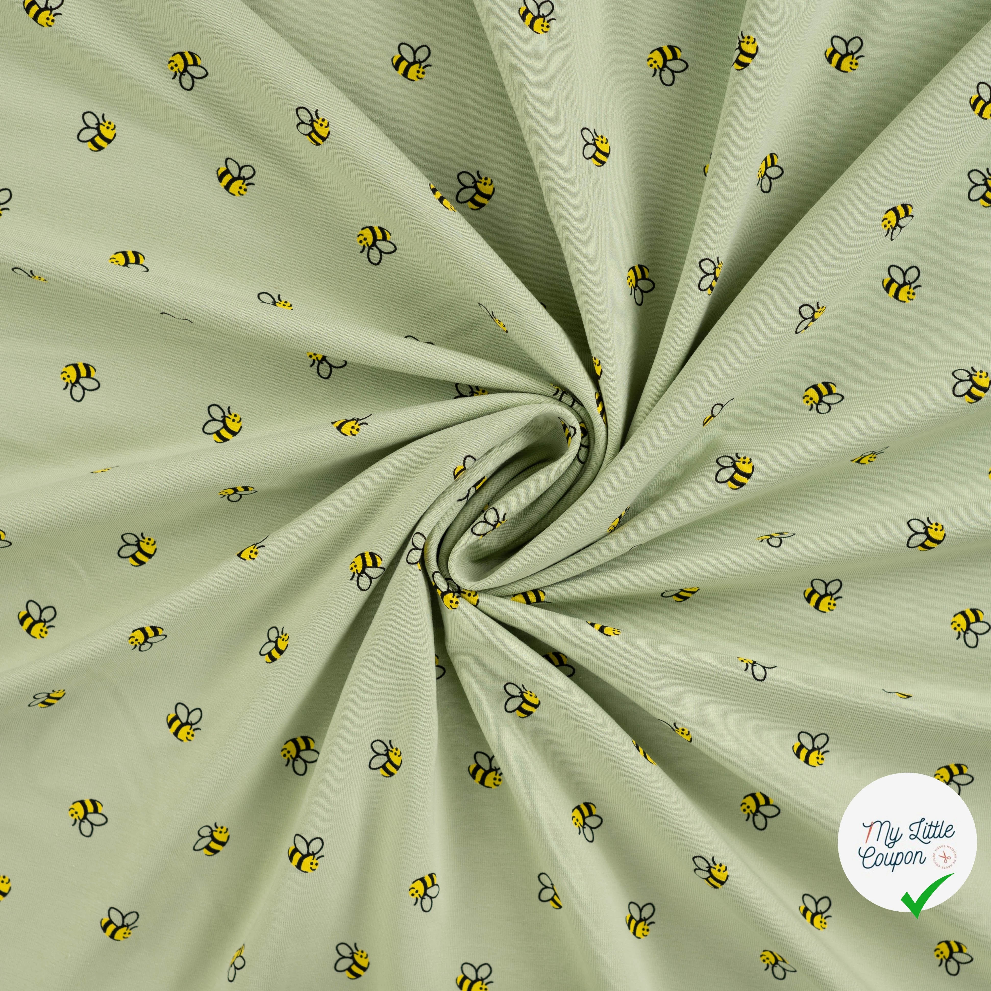JERSEY COTON 5% ELASTHANNE MOTIFS ABEILLES FOND VERT - My Little Coupon