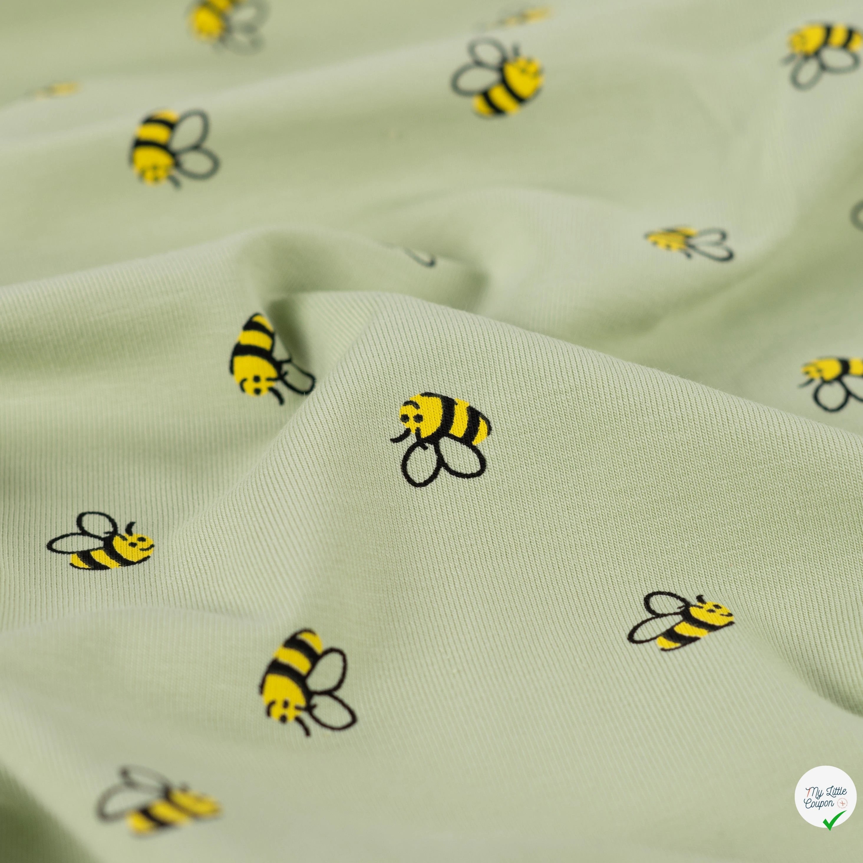 JERSEY COTON 5% ELASTHANNE MOTIFS ABEILLES FOND VERT - My Little Coupon
