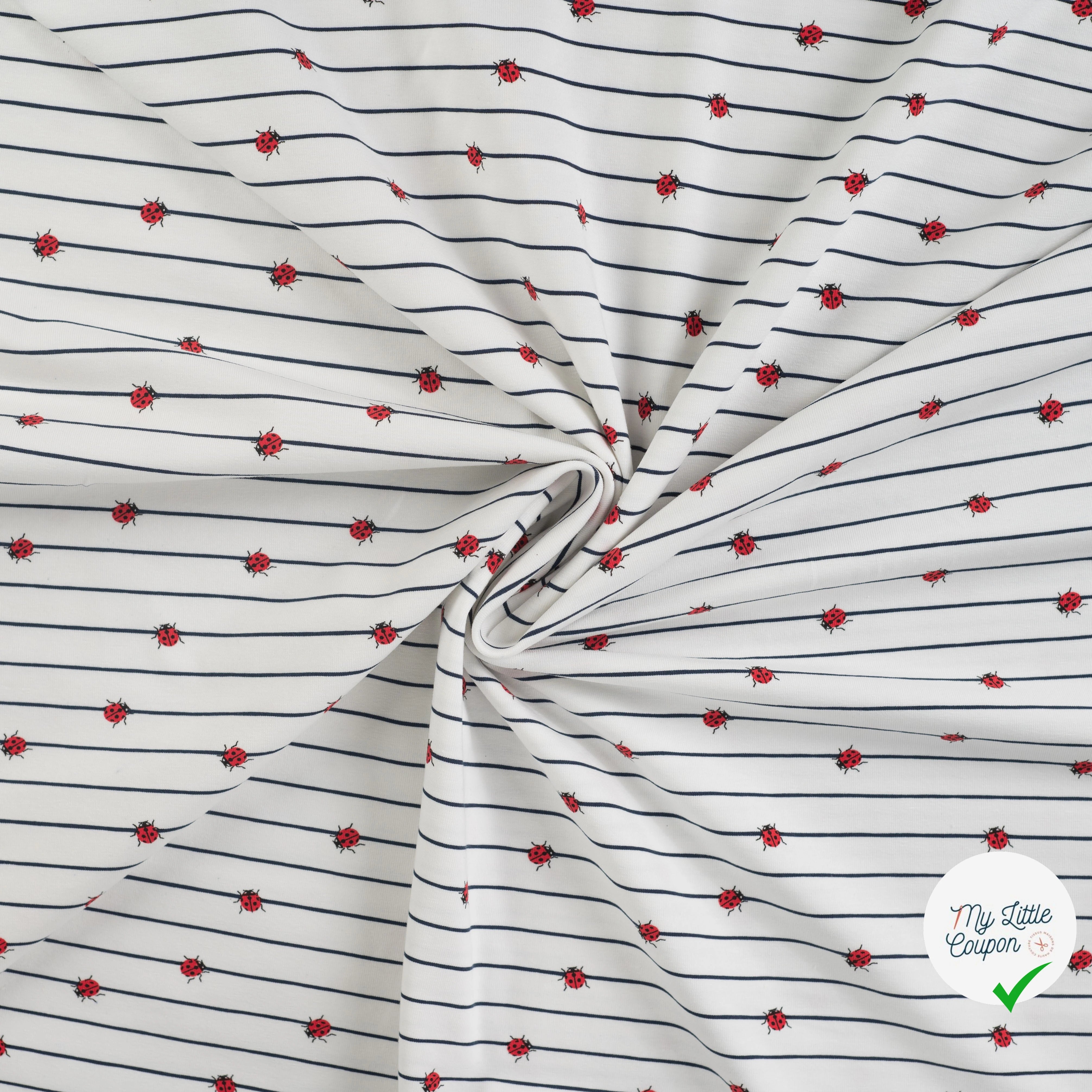 JERSEY COTON 5% ELASTHANNE MOTIFS COCCINELLES À RAYURES - My Little Coupon