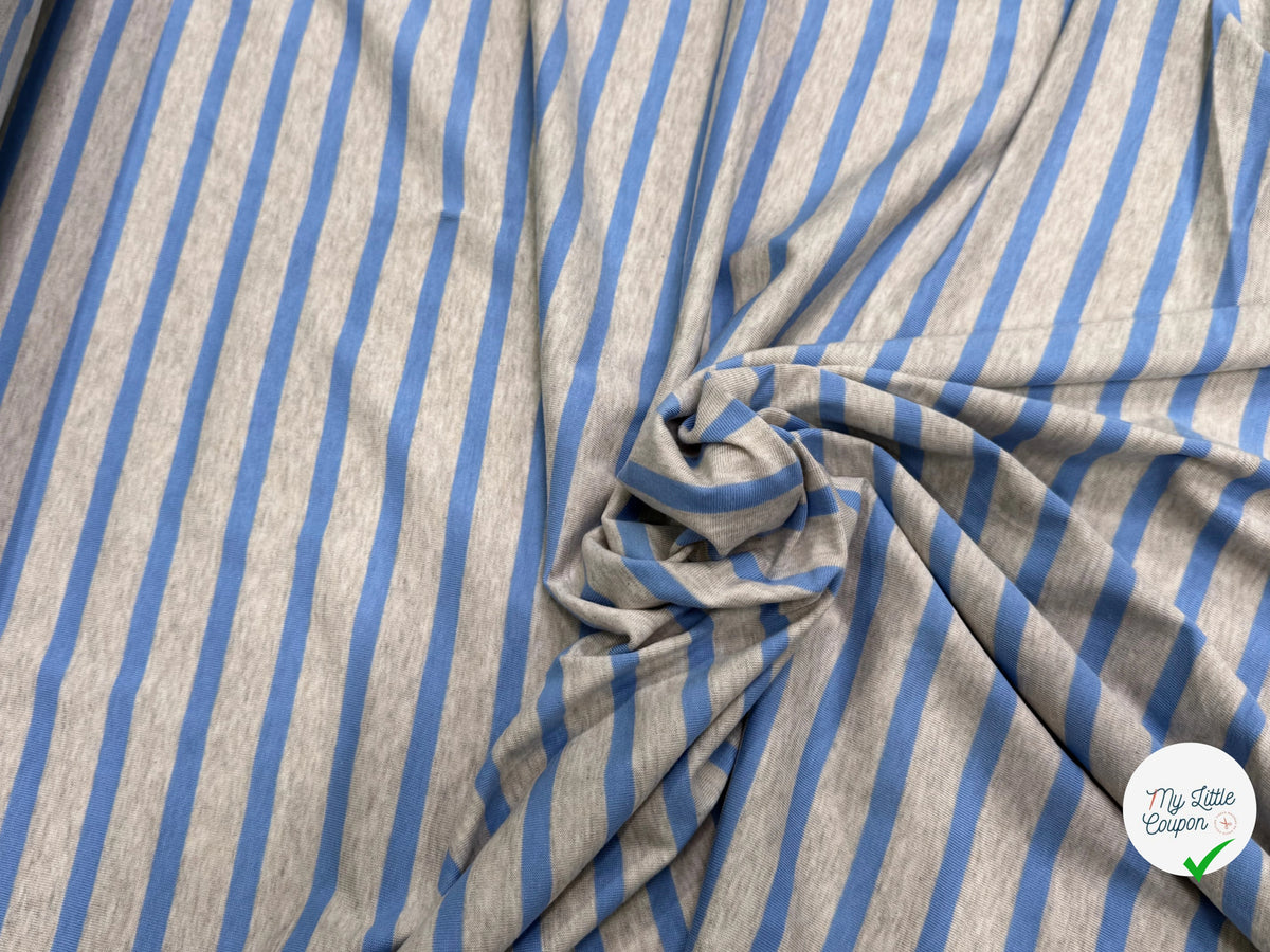 JERSEY DE COTON DOUX STRETCH RAYURES BLEU BÉBÉ ET GRIS FABRICATION RÉGION DE TROYES 🇫🇷 - My Little Coupon