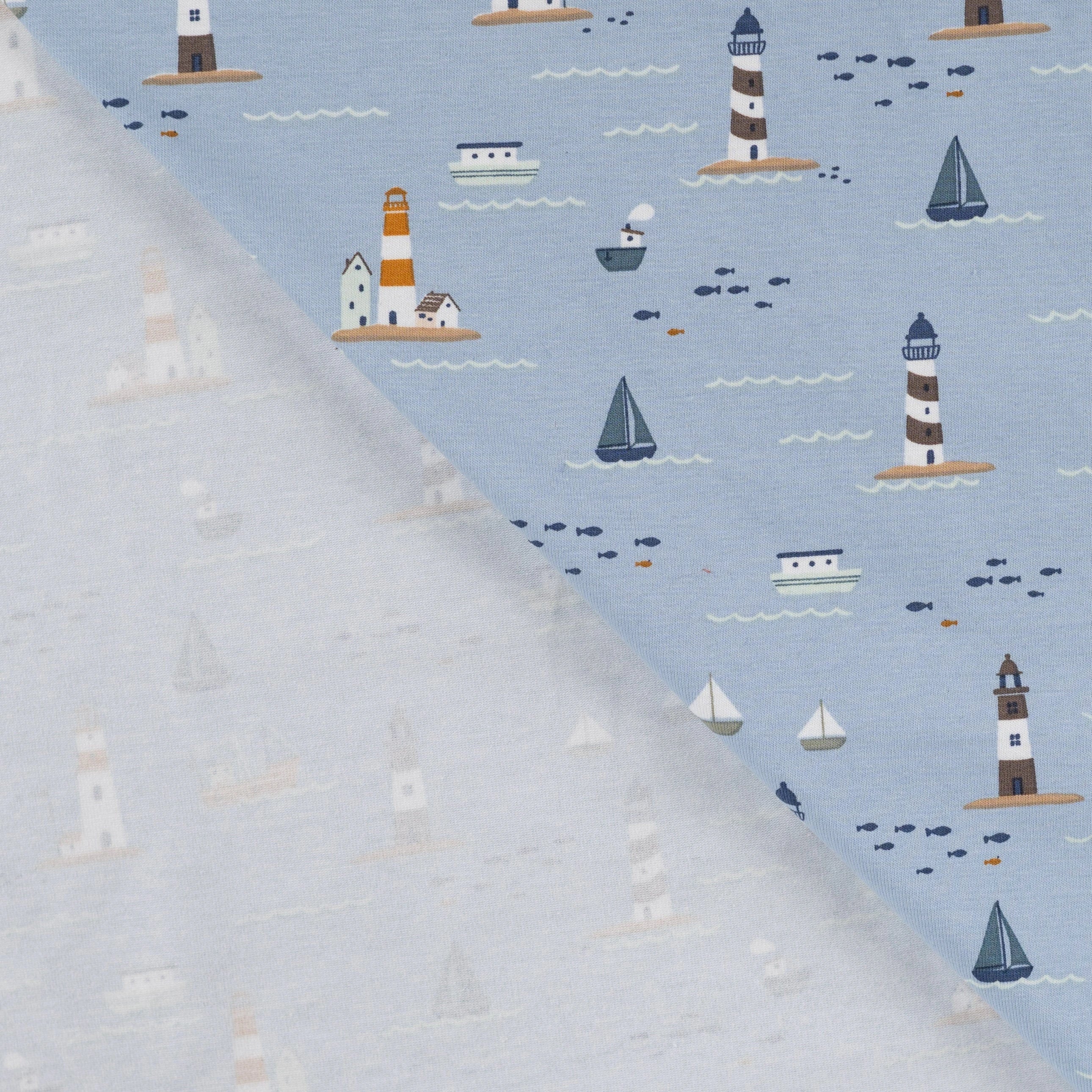 JERSEY DE COTON IMPRIMÉ BATEAUX MARINS FOND BLEU GRISÉ - My Little Coupon