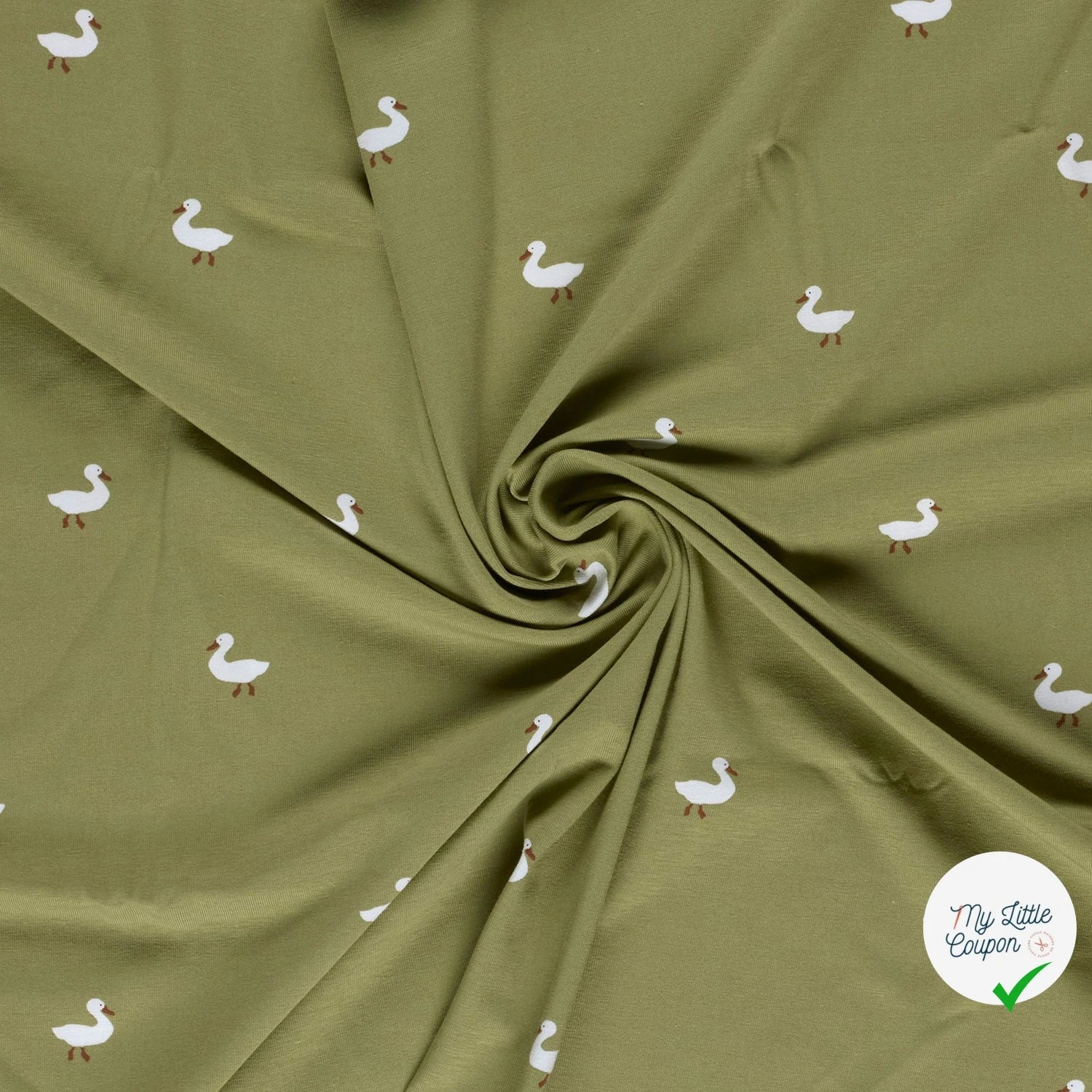 JERSEY DE COTON IMPRIMÉ CANARDS VERT OLIVE - My Little Coupon