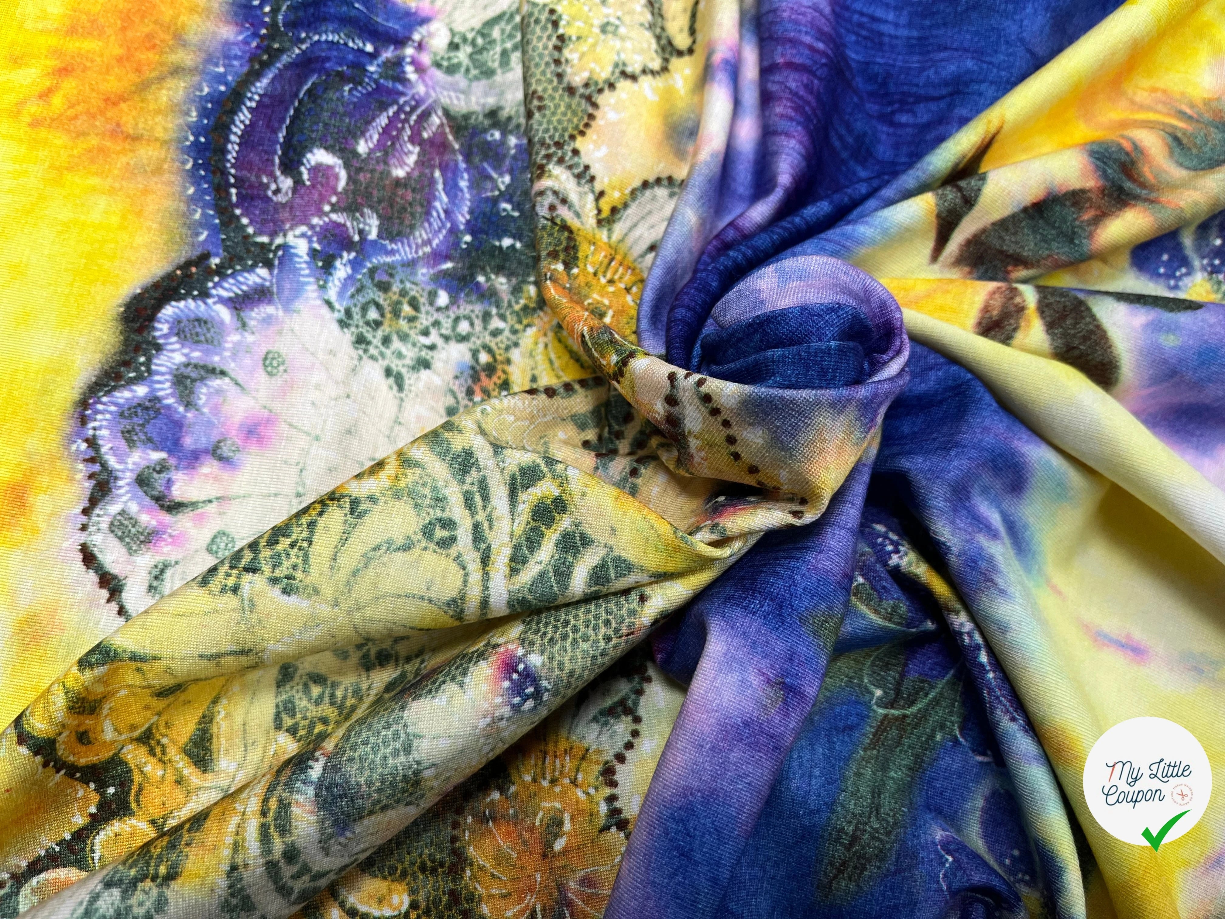 JERSEY DE COTON IMPRIMÉ FLEURS JAUNE&VIOLET - My Little Coupon